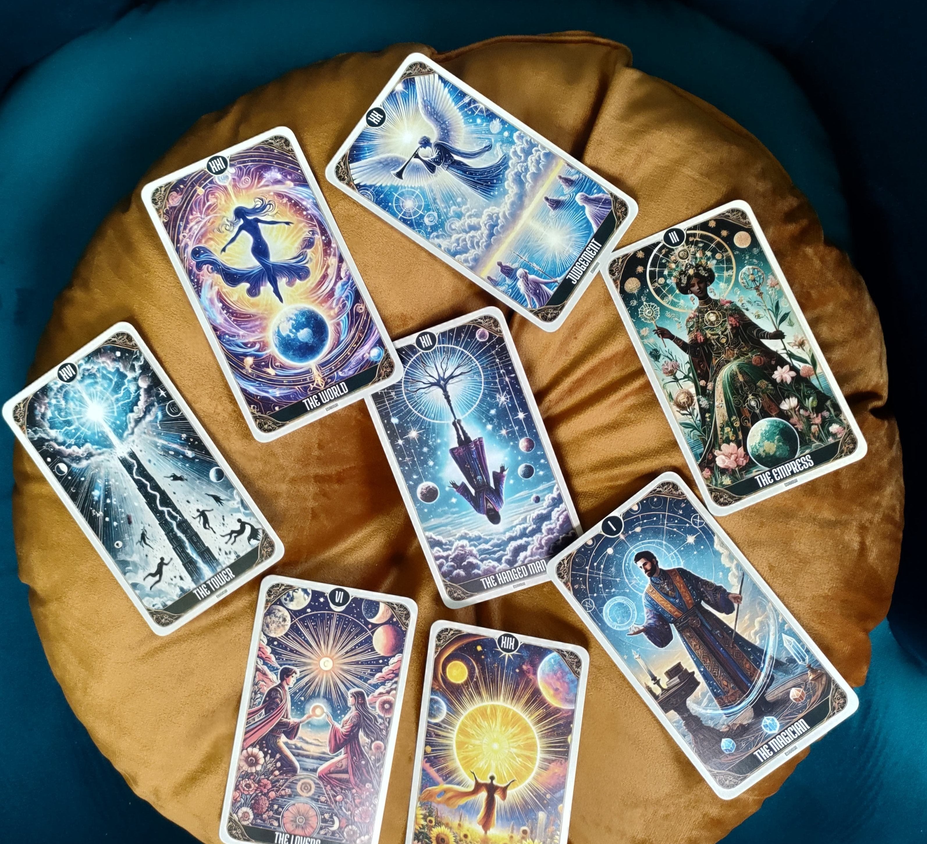 A spread of Sabiduri Tarot cards arranged on a mustard pillow. The cards feature vivid cosmic illustrations representing different tarot archetypes, such as "The Tower" and "Judgement," in a vibrant, celestial style.
