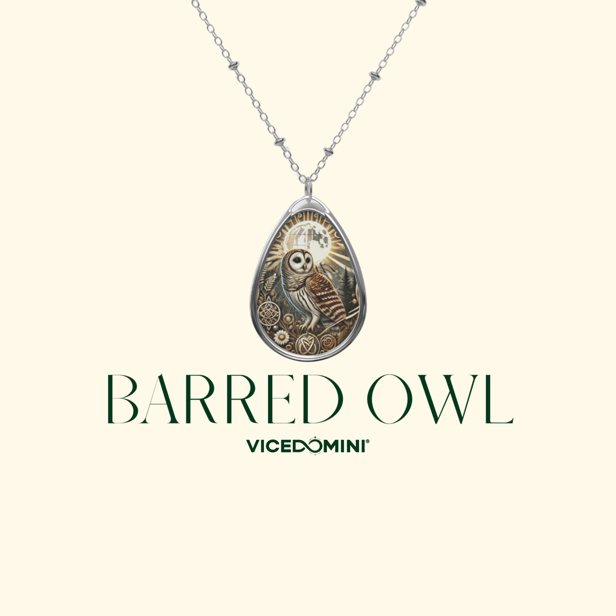 A silver teardrop pendant necklace featuring an engraved owl illustration with a sun and moon motif, shown on a cream background with the text 'BARRED OWL' and 'VICEDOMINI' below.