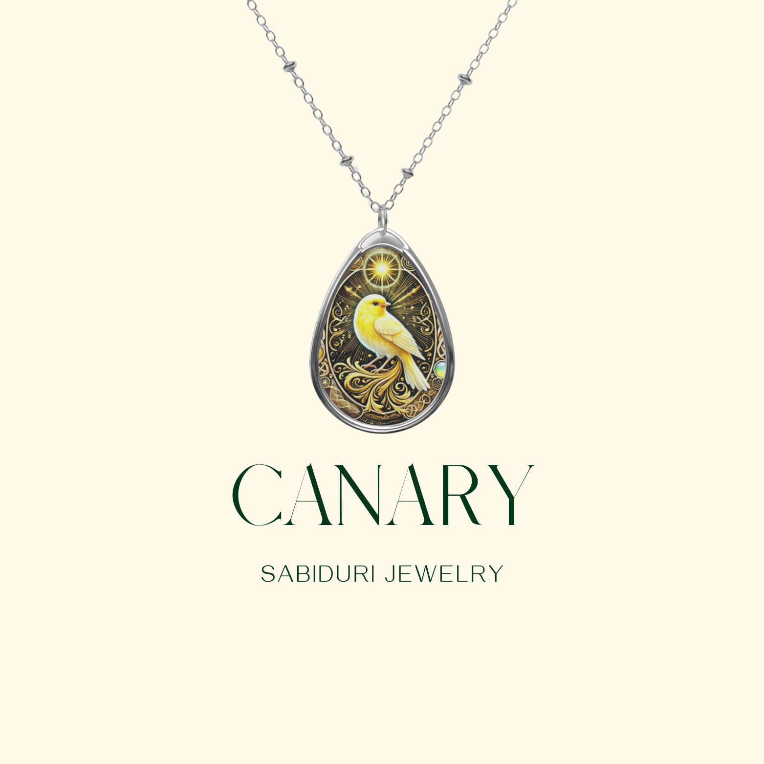 A delicate gold-toned canary pendant hanging from a silver chain against a minimalist cream background. The pendant features a beautifully illustrated canary, accented with ornate patterns and a glowing star.