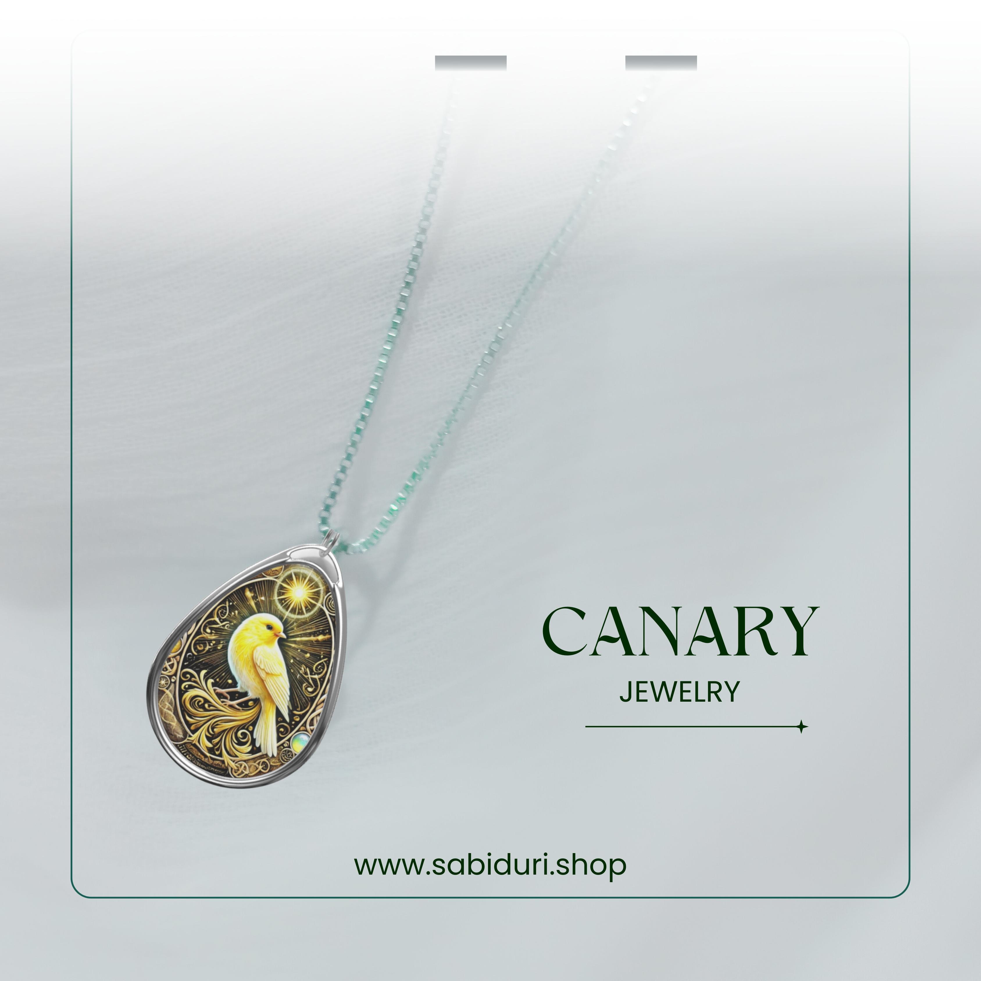 A luxurious canary pendant displayed against a soft white background. The necklace chain glimmers subtly, complementing the golden details of the intricately designed canary pendant, making it a perfect statement piece.