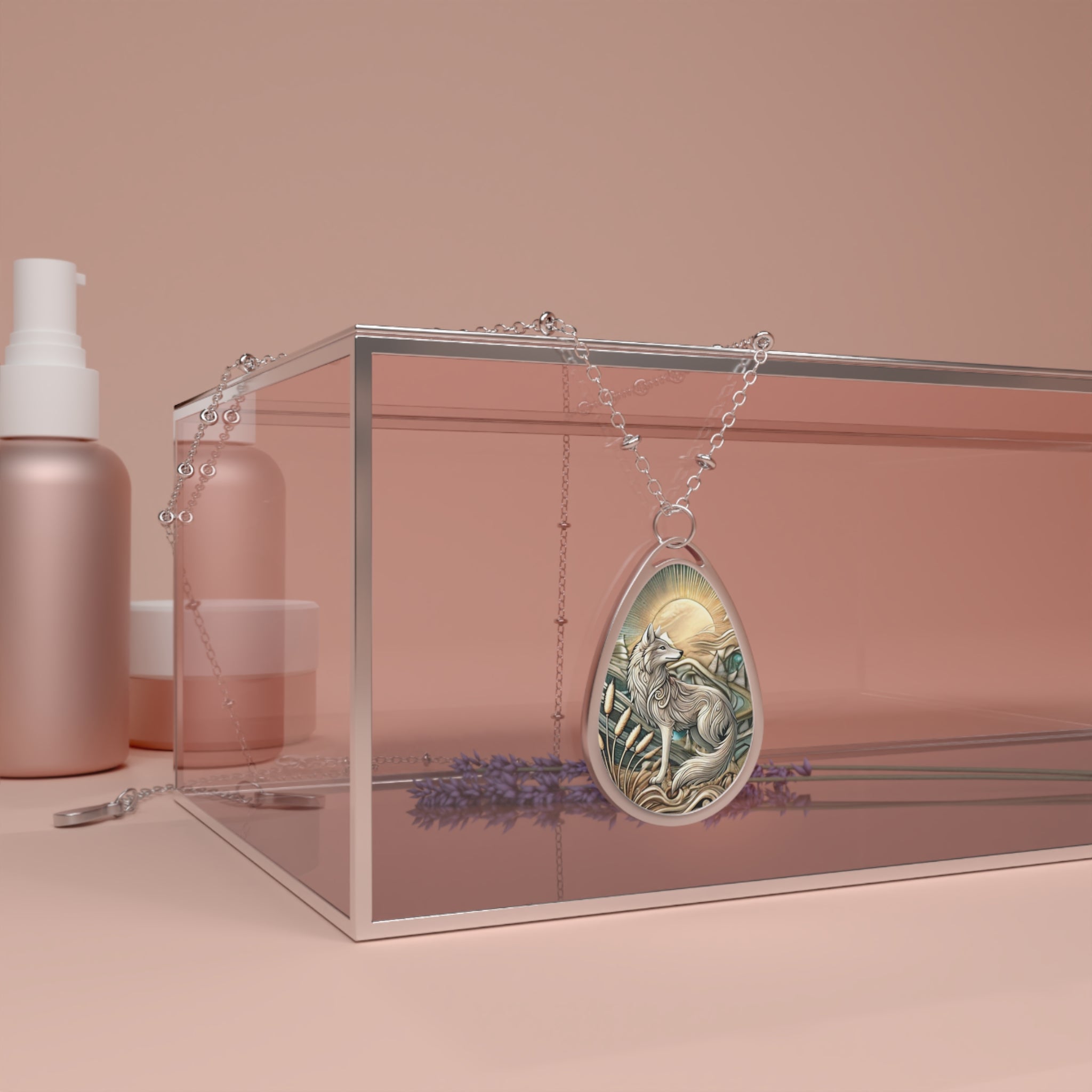 A coyote-themed pendant necklace is draped over a clear display box, surrounded by soft pink-hued beauty products. The pendant's design showcases a coyote with a sunset background, highlighting the jewelry's detailed craftsmanship.