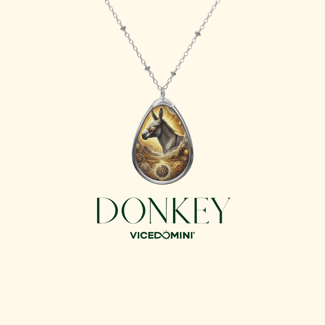 A silver-toned teardrop pendant necklace featuring an illustrated donkey surrounded by golden circular patterns, shown on a light cream background with the text 'DONKEY' and 'VICEDOMINI' below.