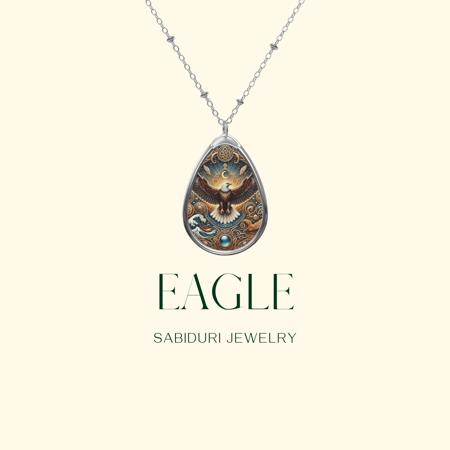 A centered image of the eagle necklace, suspended in the air against a clean beige backdrop. Below the pendant, the text "EAGLE" is displayed in bold, elegant font, with "SABIDURI JEWELRY" written underneath.