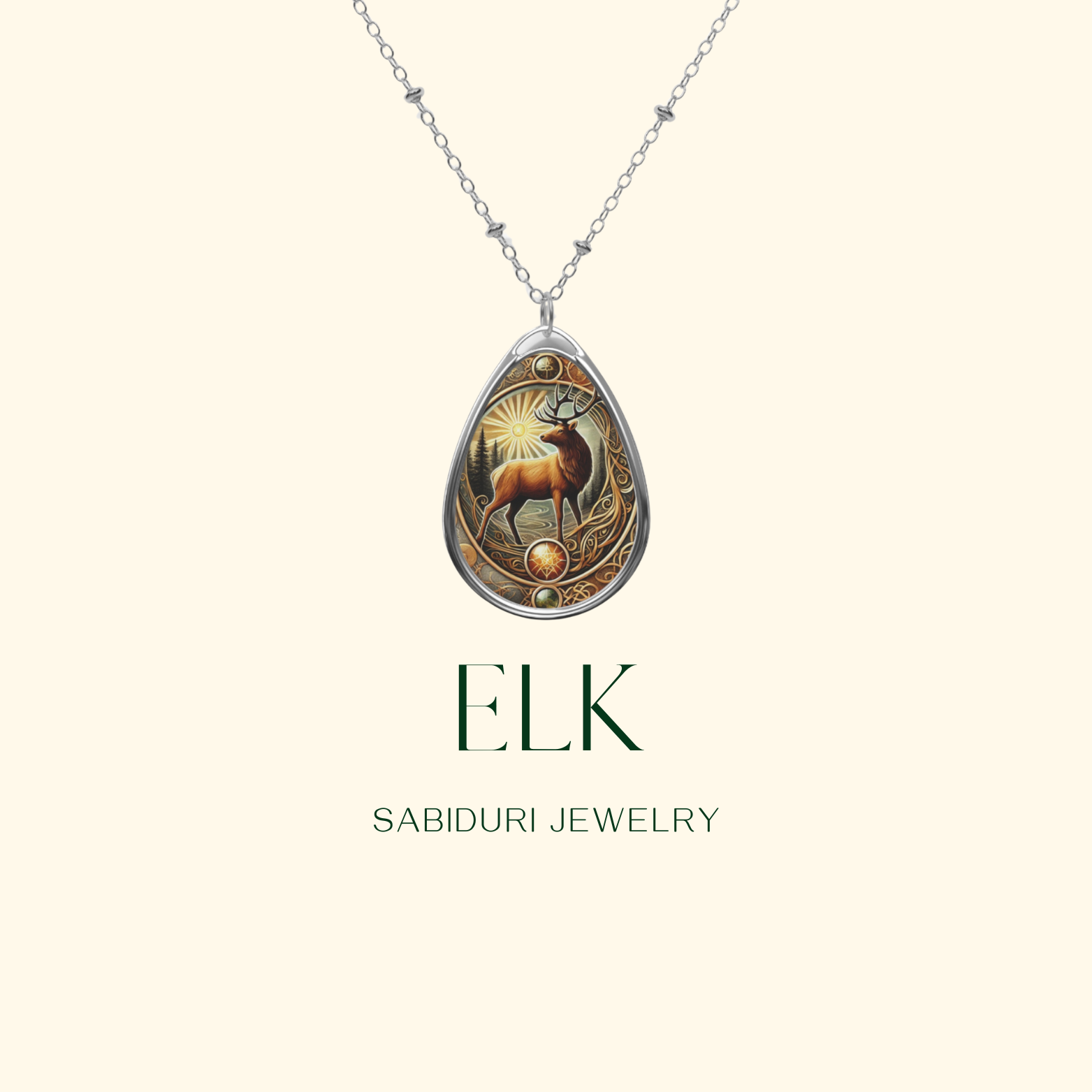 A clean and minimalist product showcase of the Elk necklace against a cream-colored background. The pendant hangs from a delicate silver chain, emphasizing its intricate artwork and golden embellishments. Below, the text reads "ELK" and "SABIDURI JEWELRY."
