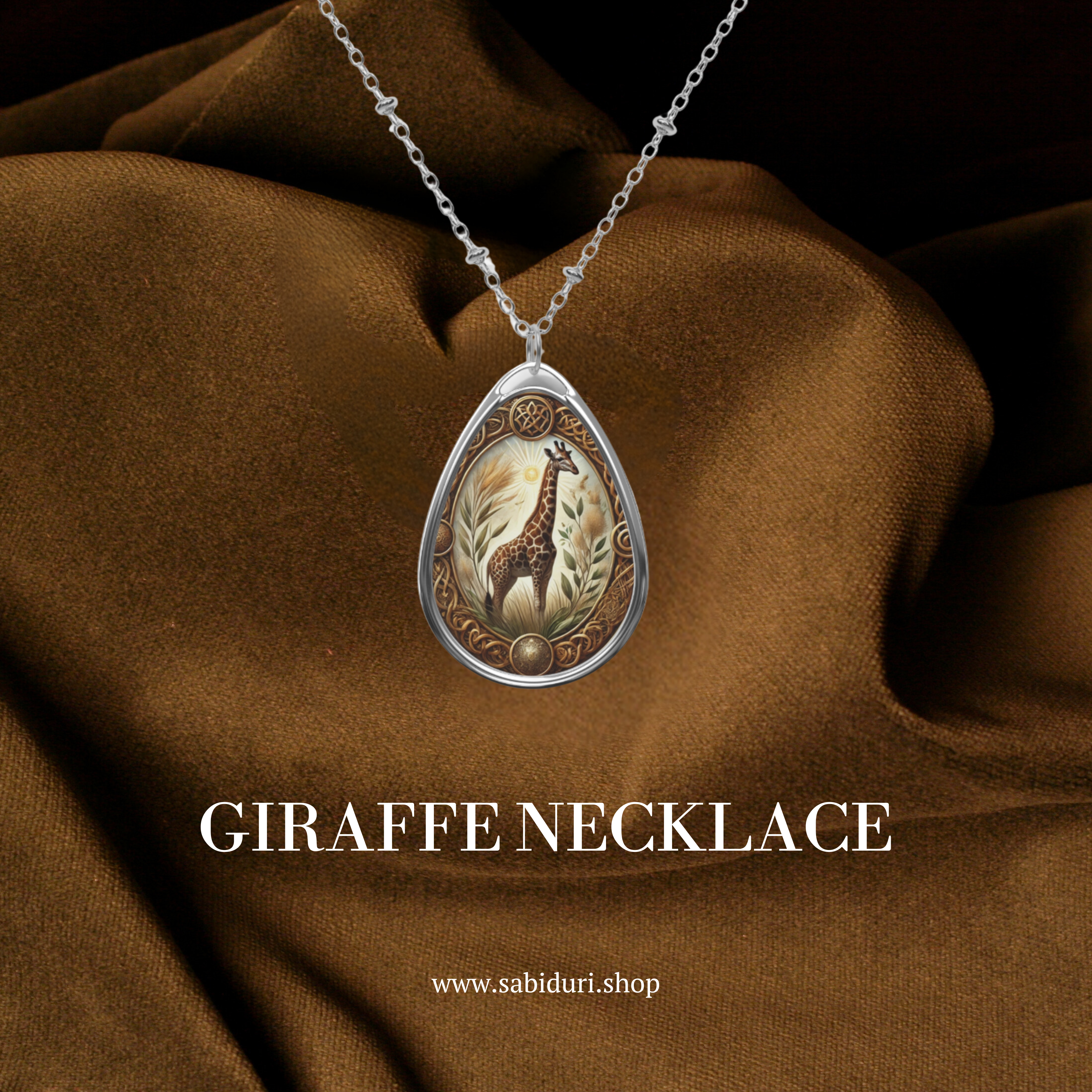 Giraffe spirit animal necklace lying elegantly on a luxurious brown fabric. The pendant glows with golden hues and intricate carvings of nature elements.