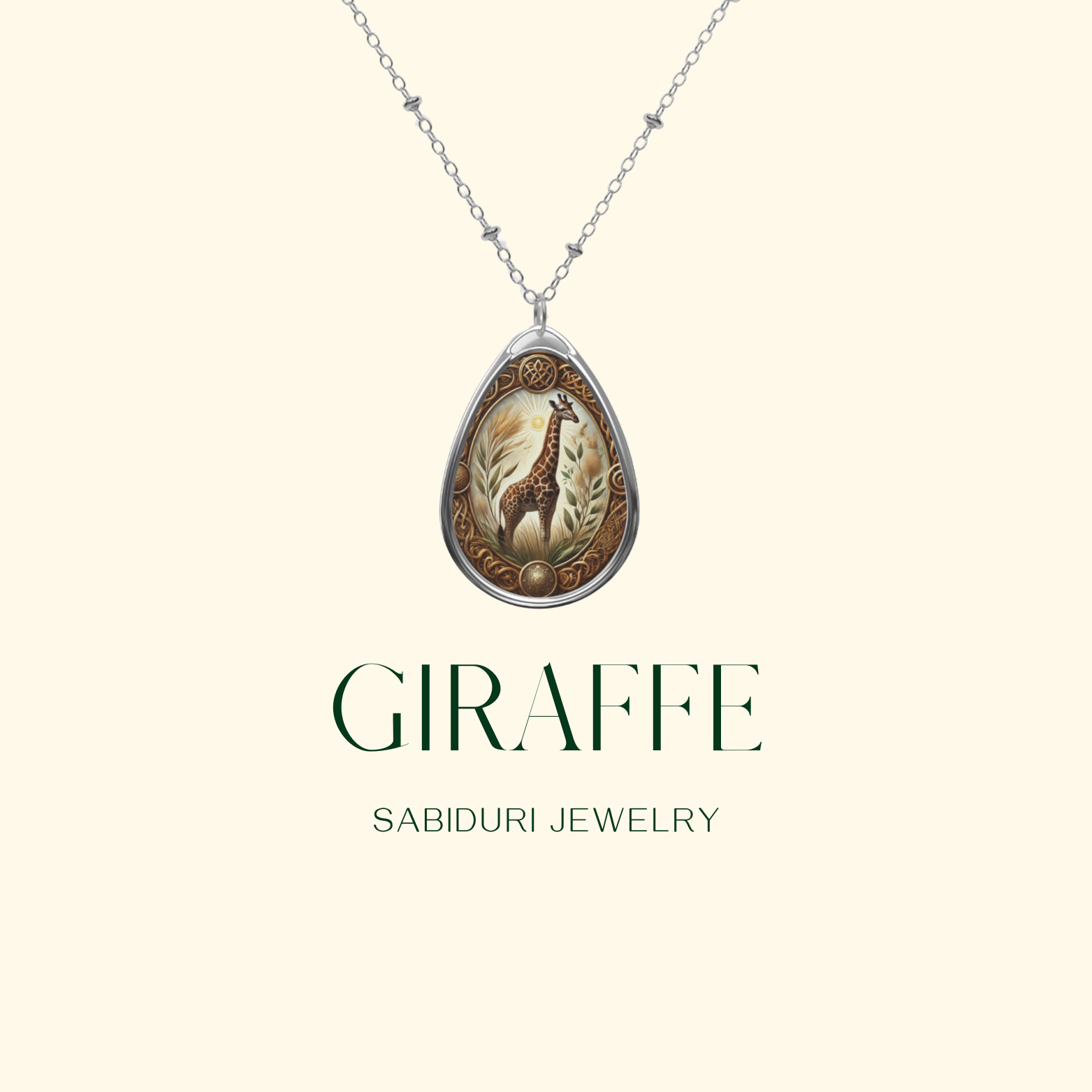 Minimalist display of the giraffe spirit animal necklace on a light beige background, highlighting the giraffe artwork and golden embellishments in the pendant.