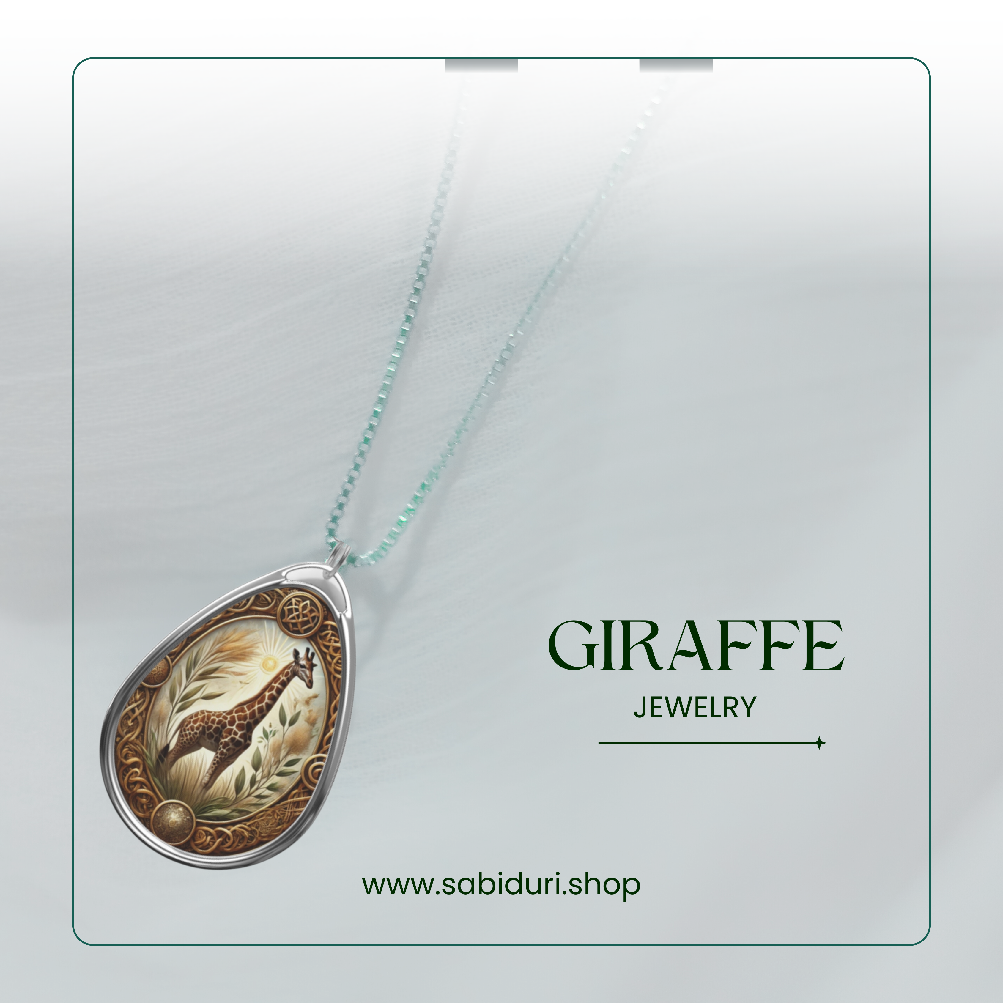 Close-up of a giraffe spirit animal necklace with golden detailing and a giraffe design, suspended on a delicate silver chain, placed on a soft white background.
