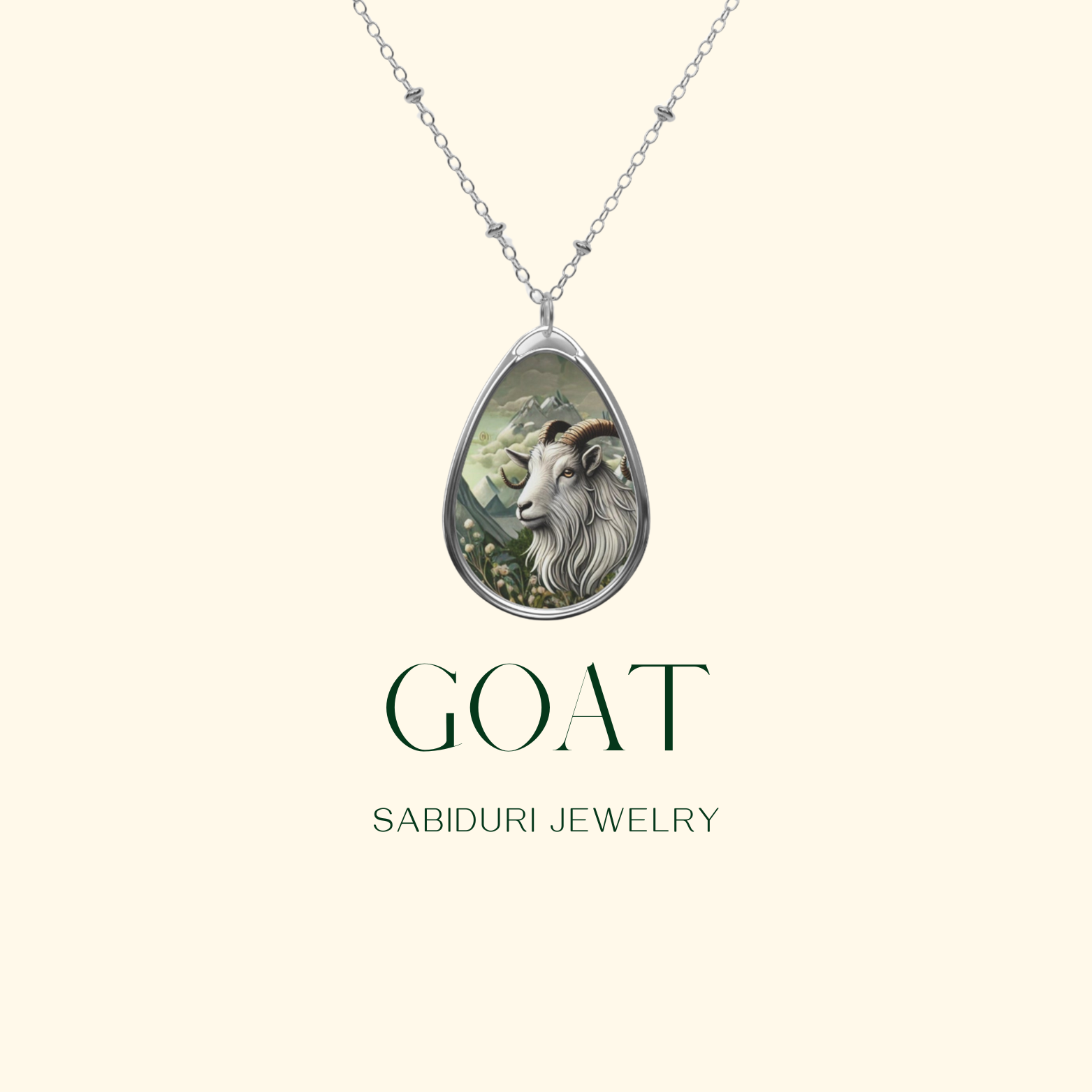 A minimalist display of a silver necklace with a goat spirit animal pendant, representing perseverance and wisdom, against a cream-colored background with the text "GOAT" and "SABIDURI JEWELRY."