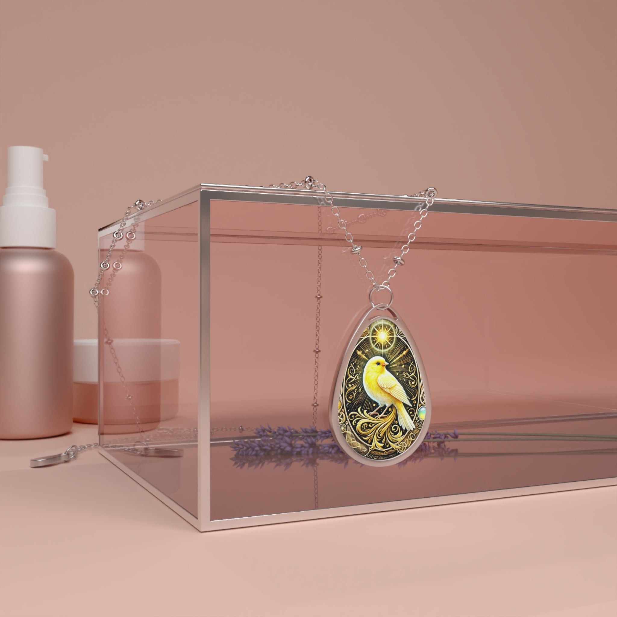 A teardrop-shaped pendant featuring an intricately designed canary perched among golden swirls, with a radiant star shining above. The detailed artwork combines gold and black tones with hints of blue, creating an elegant and meaningful jewelry piece.