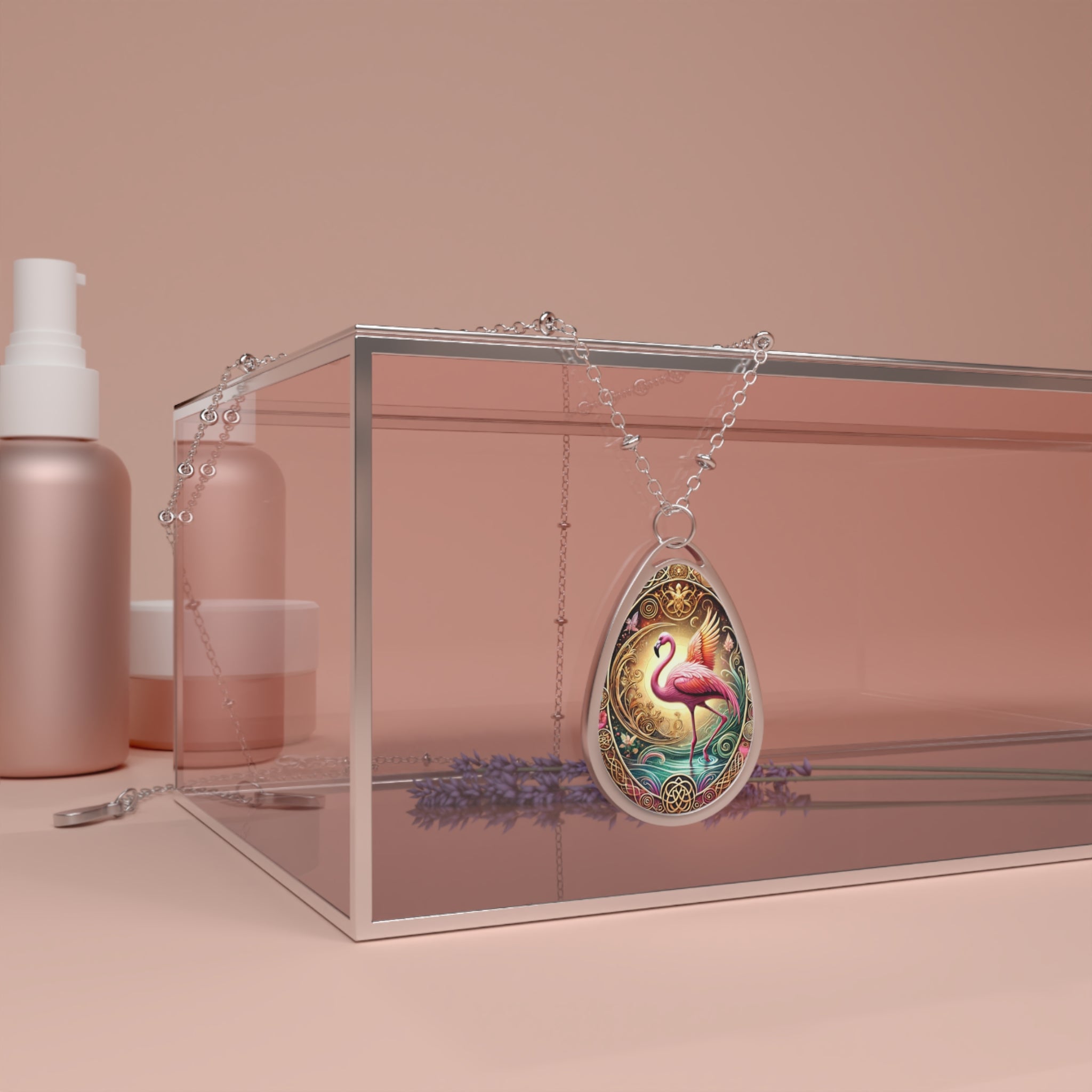 The necklace draped over a transparent acrylic box, with soft pink-toned cosmetic bottles in the background. The pendant dangles gracefully, showcasing its intricate flamingo design and ornate patterns.