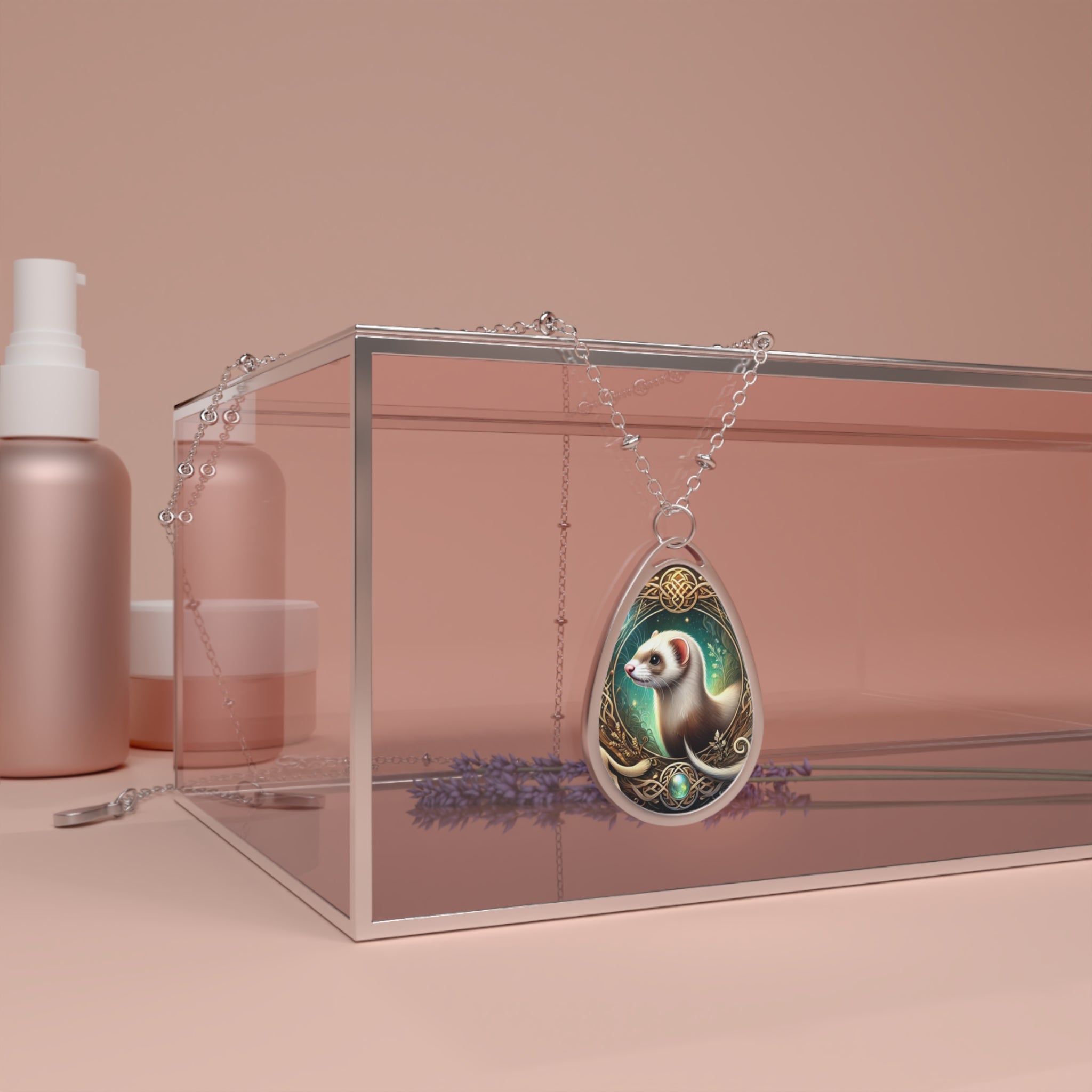 A ferret spirit animal necklace featuring an intricate design of a white ferret surrounded by golden and emerald details, resting elegantly on a pink glass box with soft background lighting.