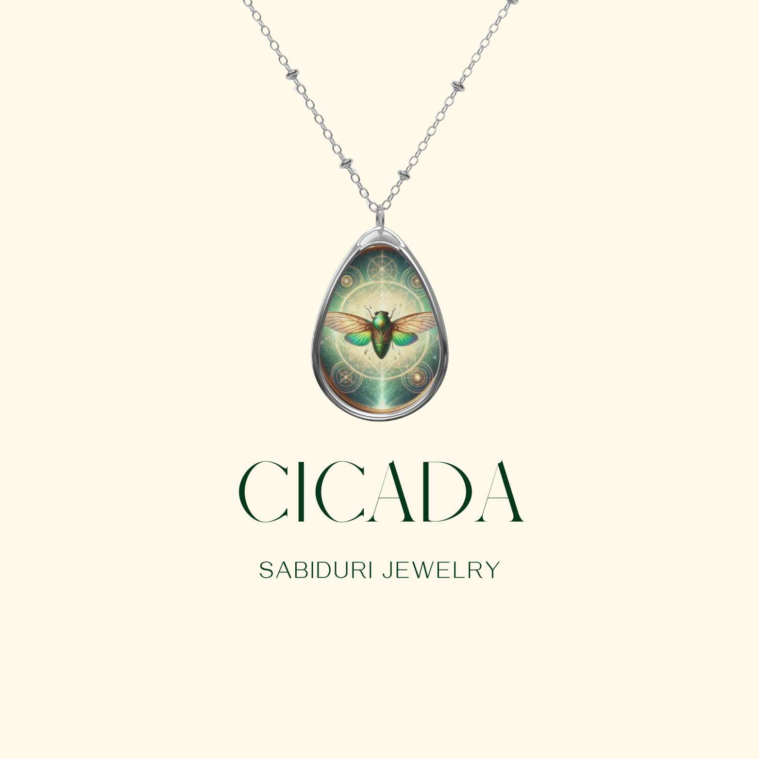 A clean product display of the cicada pendant necklace against a cream background, with text "Cicada - Sabiduri Jewelry" in elegant green font.