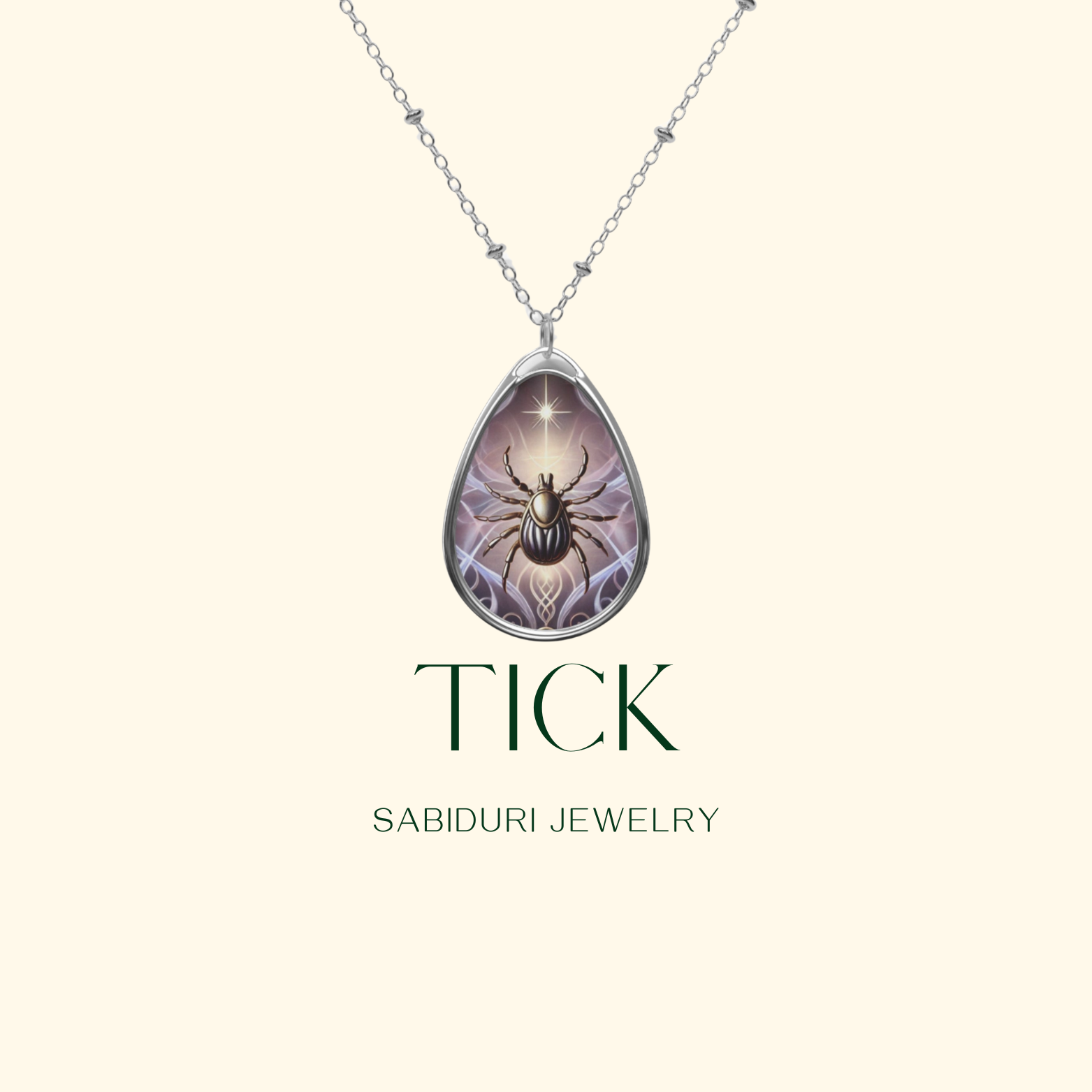 A tick necklace with a teardrop-shaped pendant showing a detailed tick illustration under a star, set against a light beige background with the text 'TICK' and 'SABIDURI JEWELRY'.