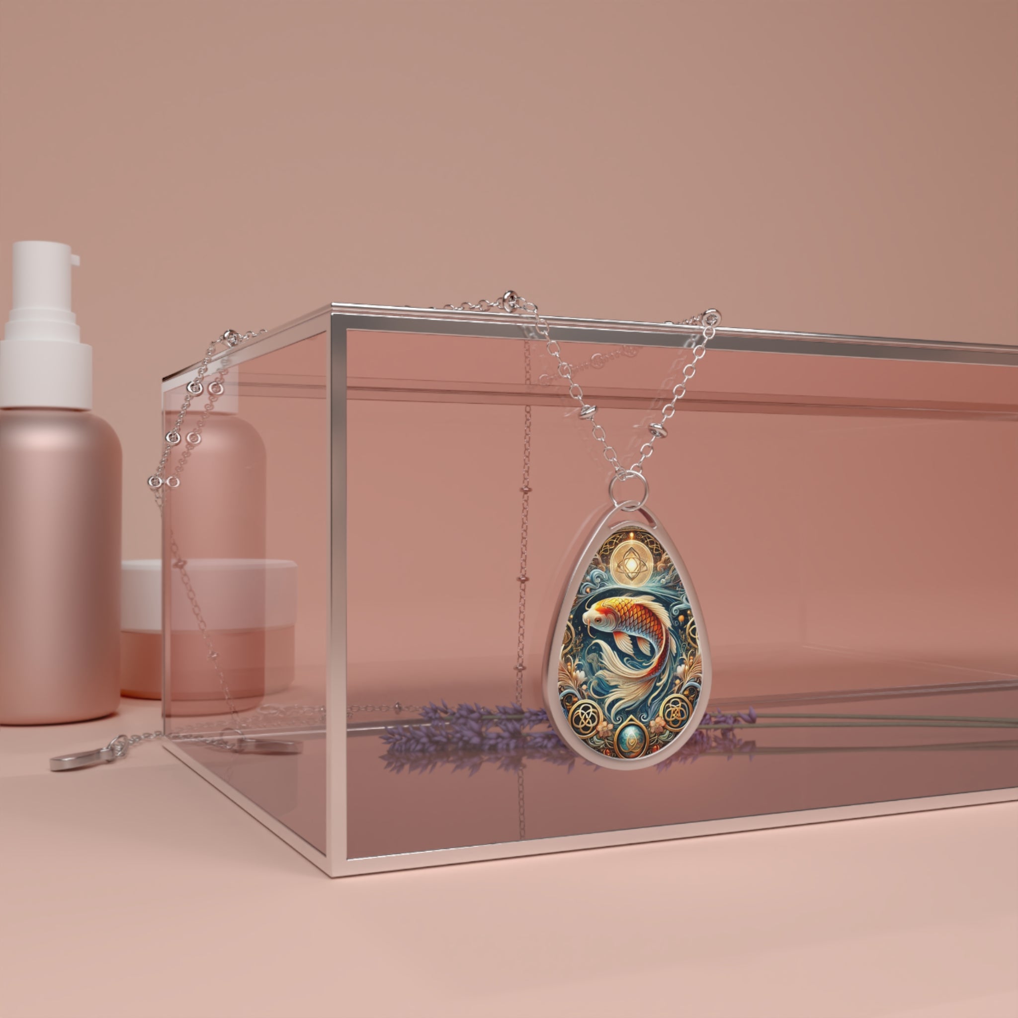 A beautifully crafted koi fish pendant hangs over a transparent glass box, styled with soft pink tones and dried lavender. The intricate details of the koi fish’s movement and the elegant silver chain create a sophisticated, nature-inspired aesthetic.