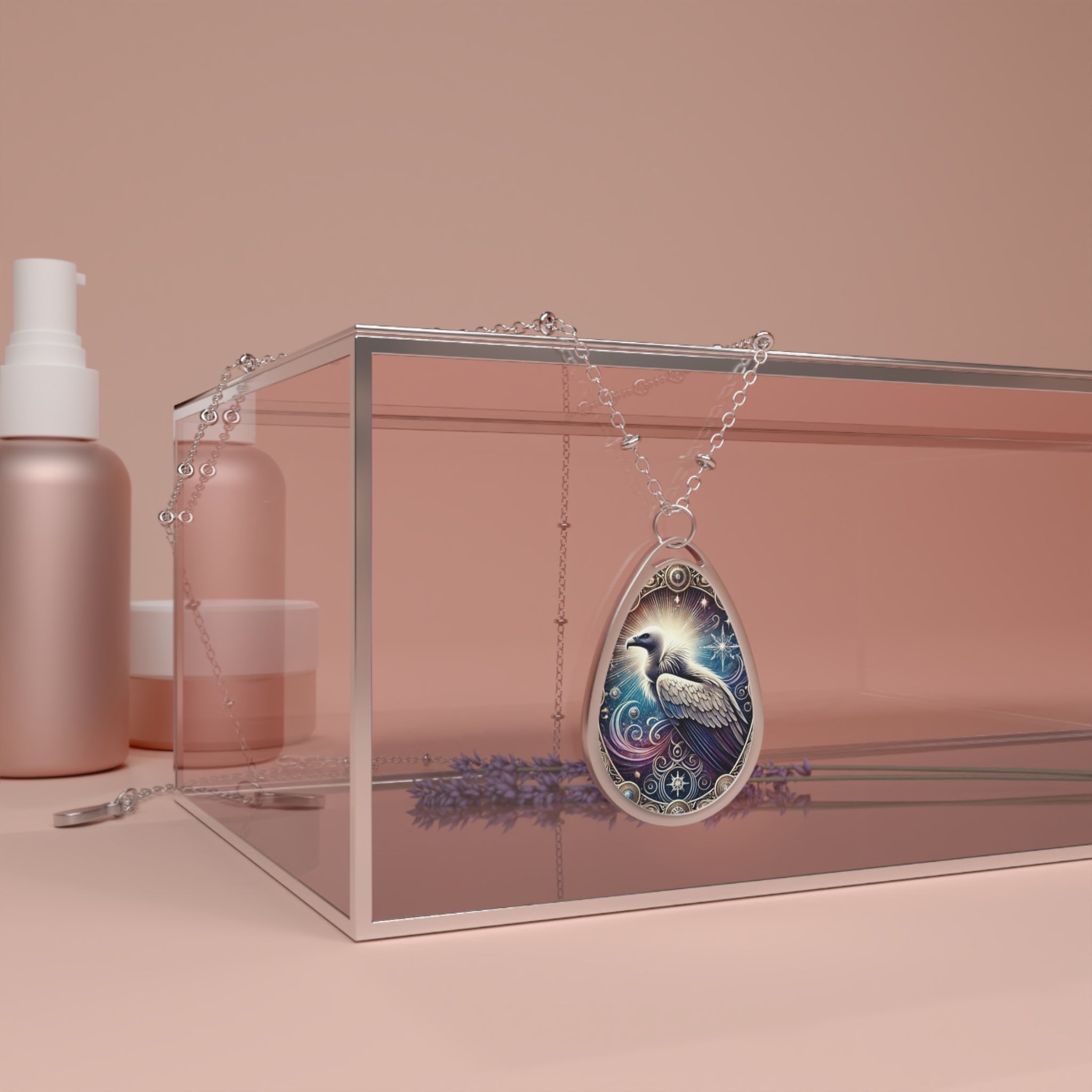 A stunning vulture pendant necklace draped over a sleek transparent box with a soft pink and lavender aesthetic. The pendant shines with intricate golden engravings and celestial embellishments.