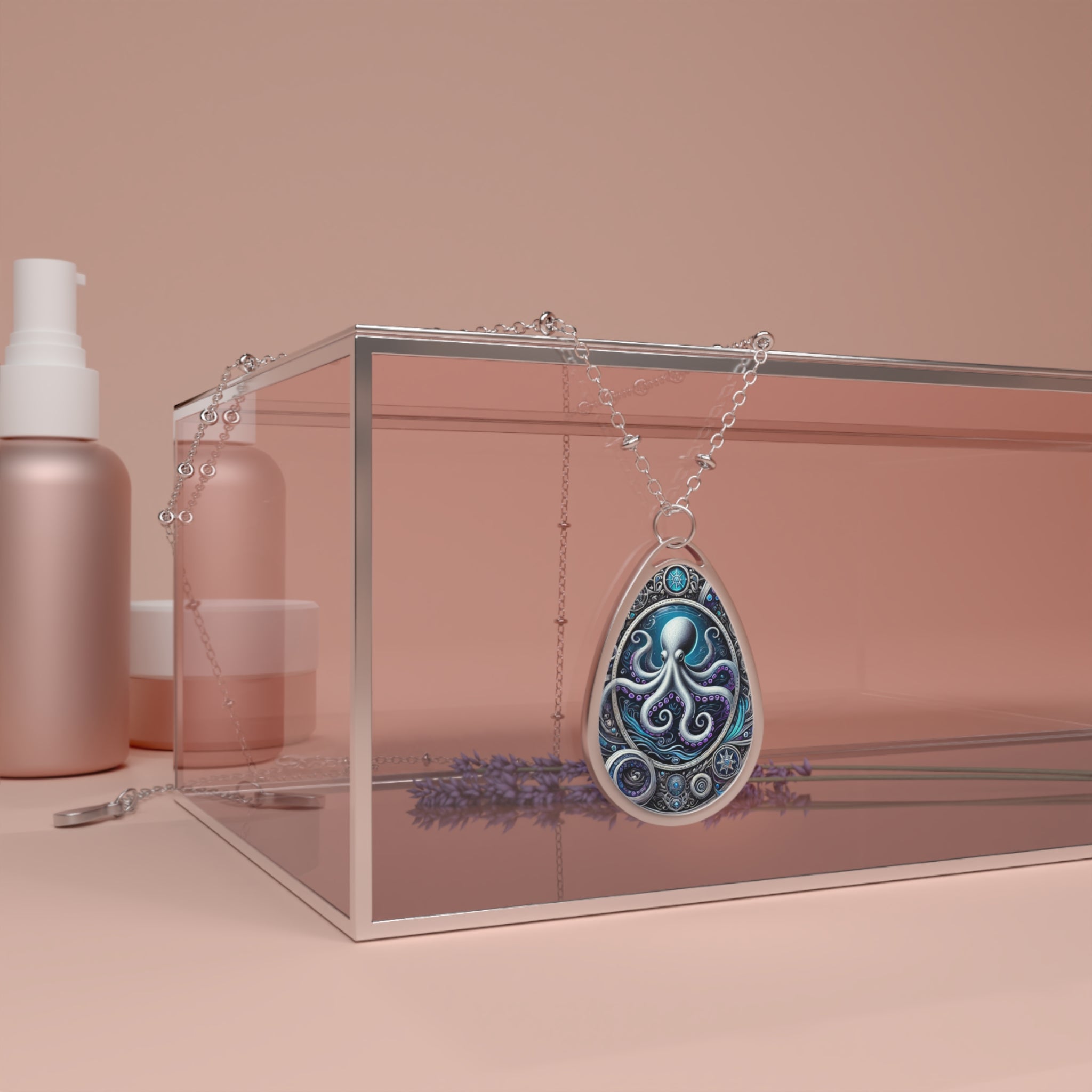 The octopus necklace is draped over a transparent glass box, surrounded by soft, pastel-colored beauty products and lavender sprigs. The pendant glows with deep blue and purple tones, with detailed metallic patterns enhancing its design.