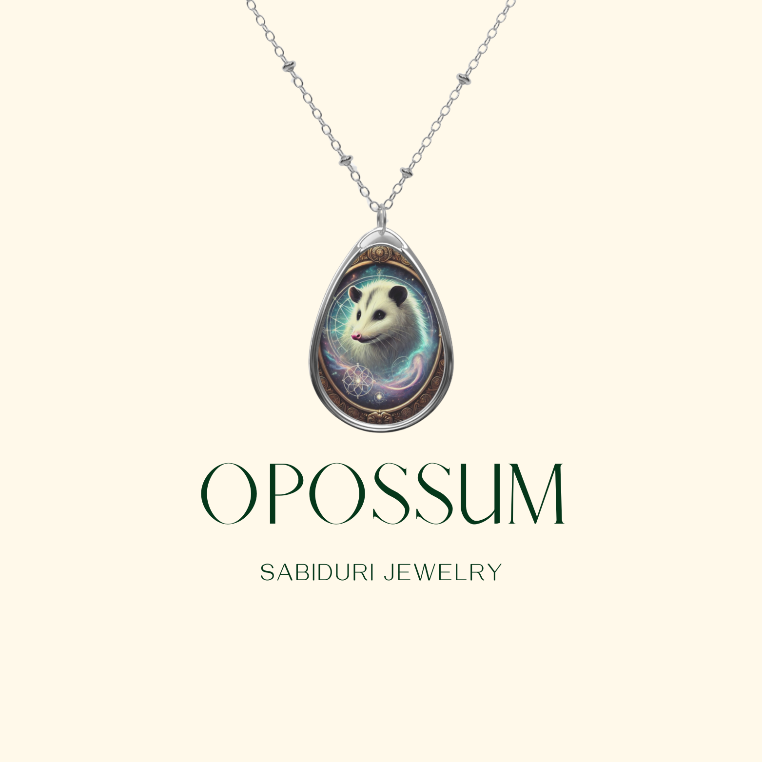 A silver teardrop pendant featuring a white opossum encircled by glowing mystical elements in soft blues and purples. The pendant is attached to an elegant silver chain. The text "OPOSSUM SABIDURI JEWELRY" is centered below on a neutral beige background.