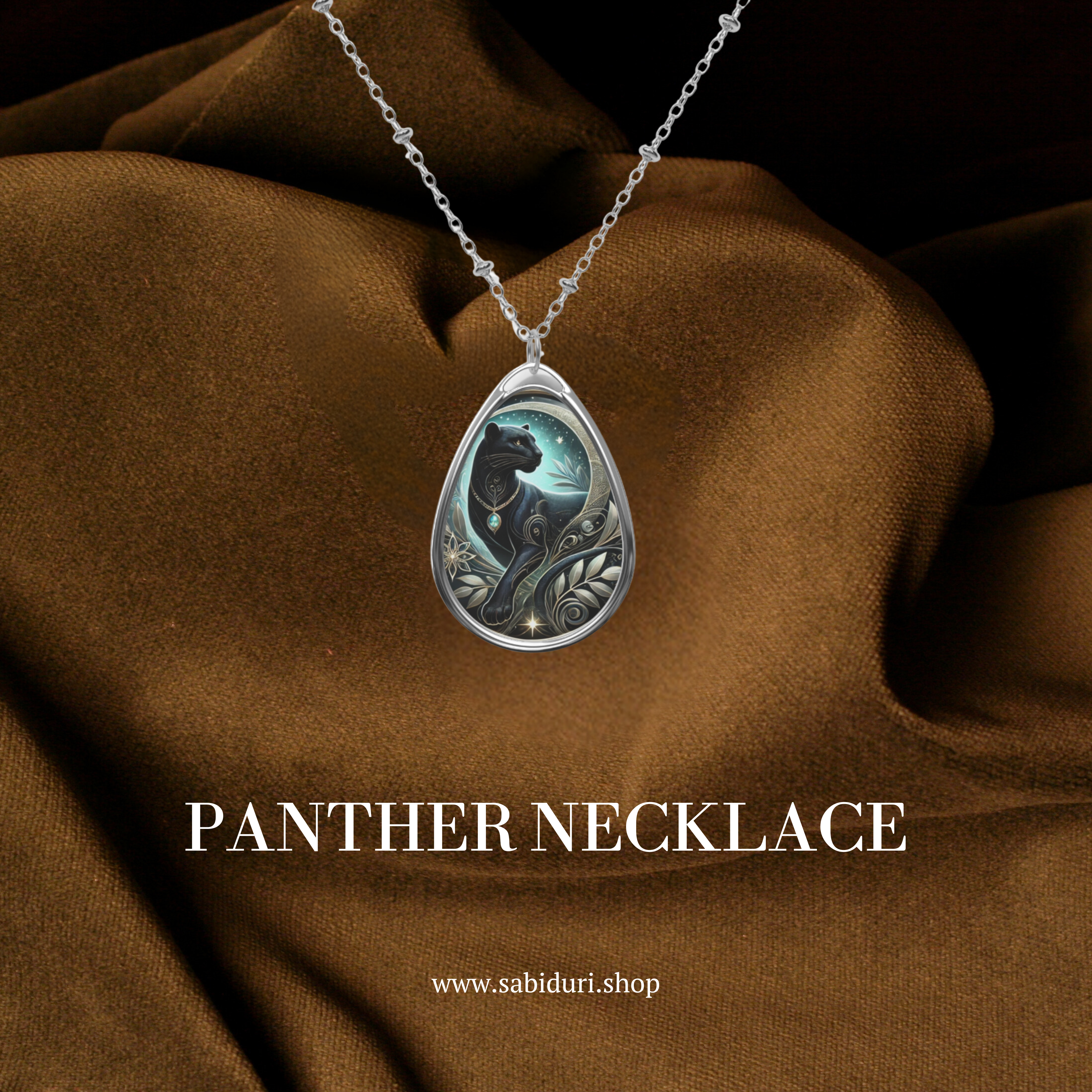 A stunning Panther Spirit Animal necklace with a detailed illustration of a black panther against a starry night backdrop, displayed on luxurious brown fabric with "Panther Necklace" text.