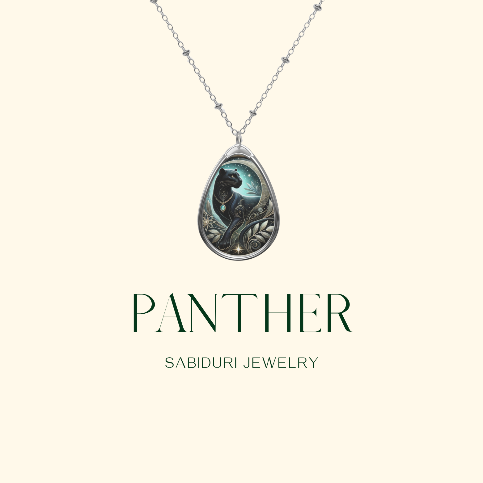 A minimalist product image showcasing the Panther Spirit Animal necklace against a cream background with "Panther - Sabiduri Jewelry" text.