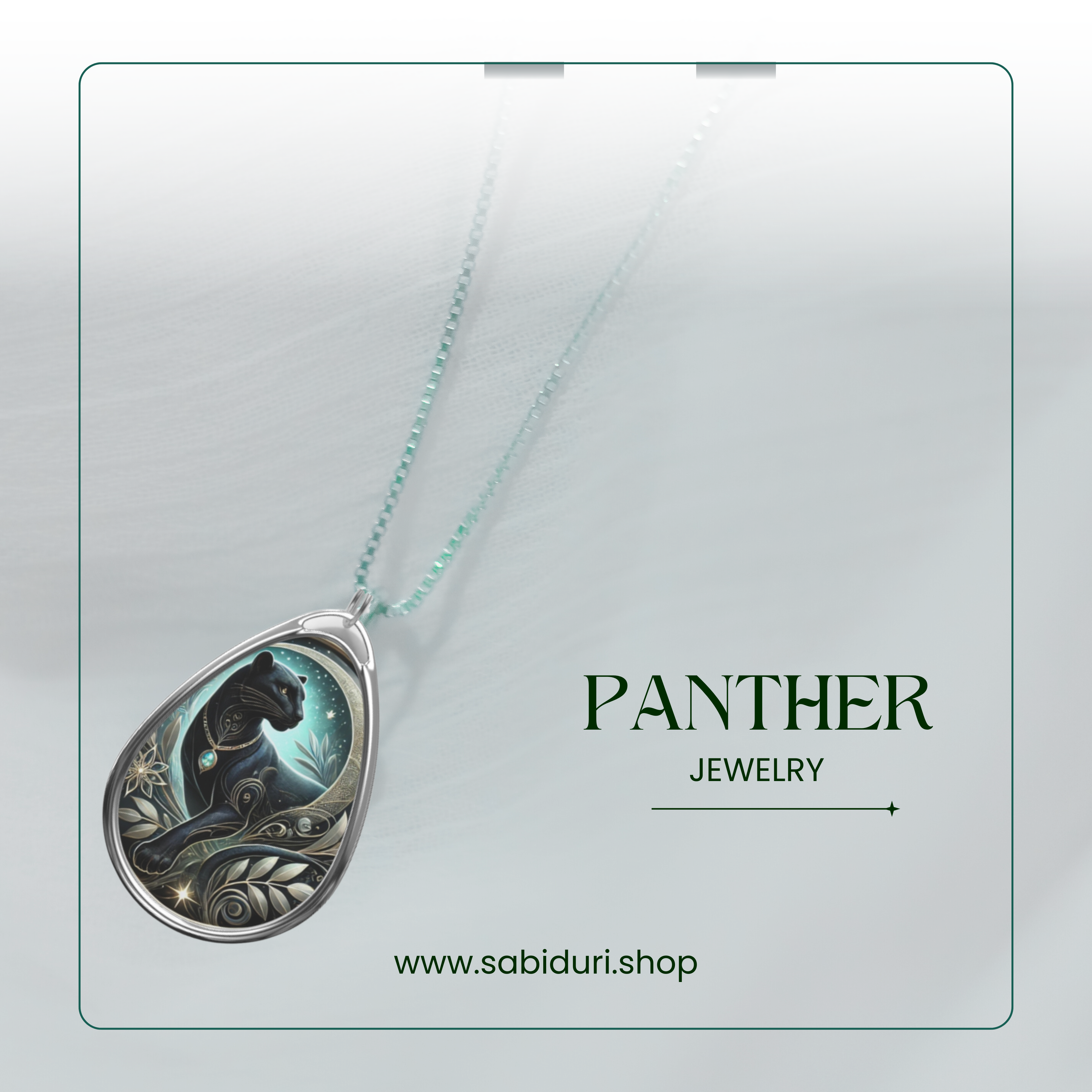 A close-up view of the Panther Spirit Animal necklace with intricate black panther artwork, accompanied by "Panther Jewelry" text and the website "www.sabiduri.shop" on a soft, gradient background.