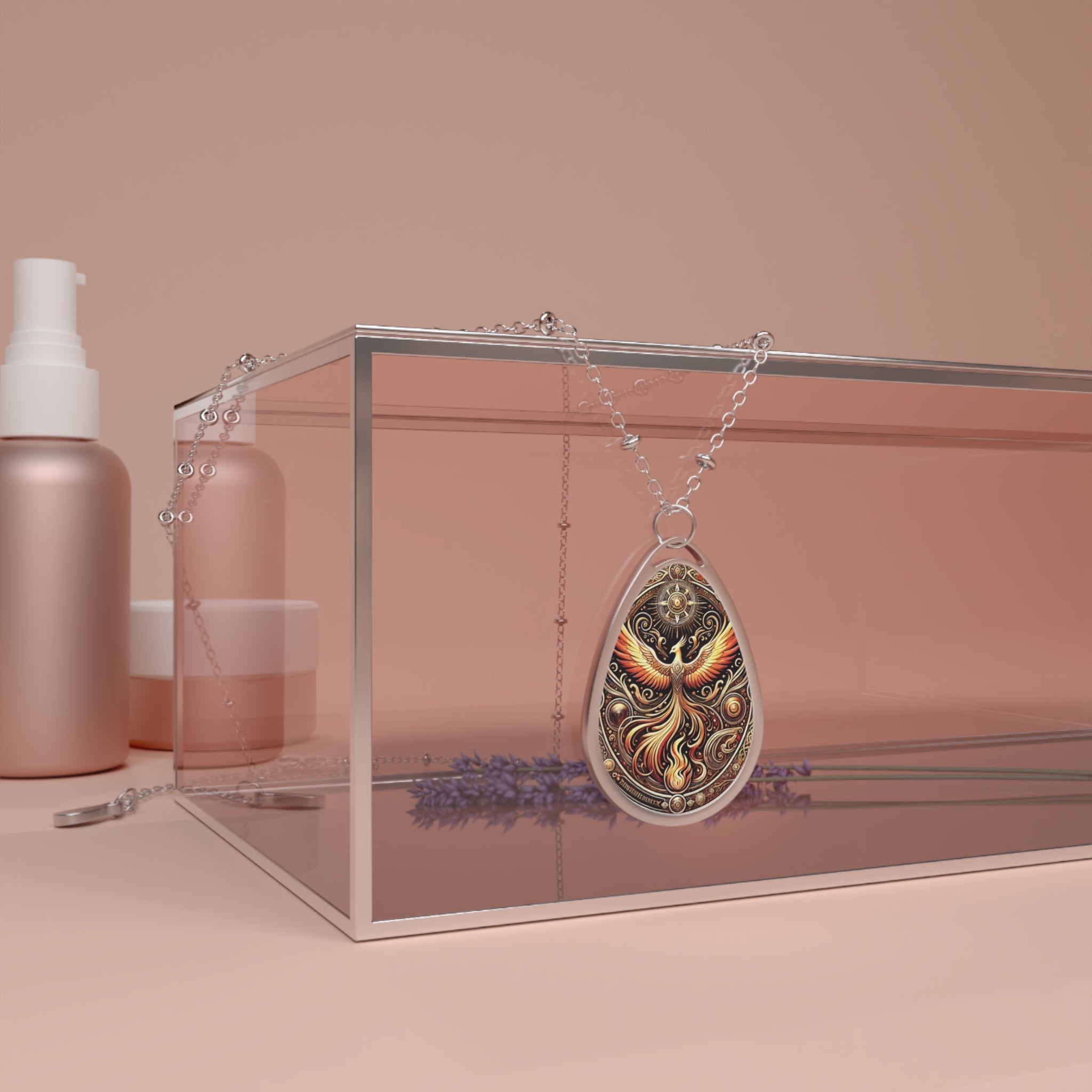 A luxurious phoenix necklace draped over a transparent glass box with soft pink-toned beauty products in the background. The pendant’s detailed phoenix design glows in shades of gold, orange, and black, with an elegant and celestial-inspired border.