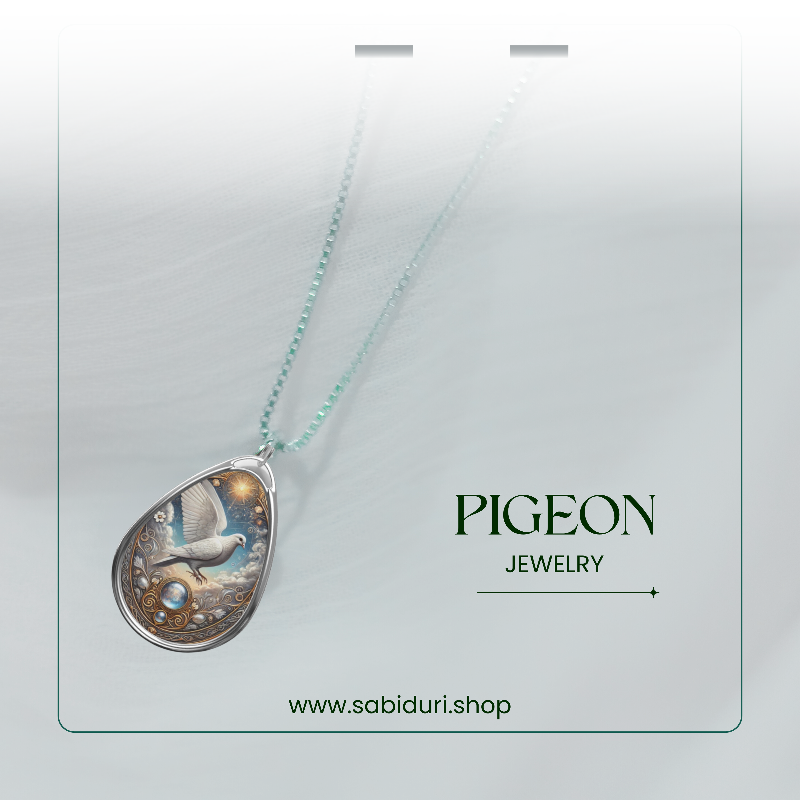 A delicate silver chain holds a teardrop-shaped pendant featuring a pigeon in flight, adorned with intricate gold swirls and gemstone-like accents. The necklace is presented on a clean, modern white background with the text "PIGEON - JEWELRY" and "www.sabiduri.shop" below.