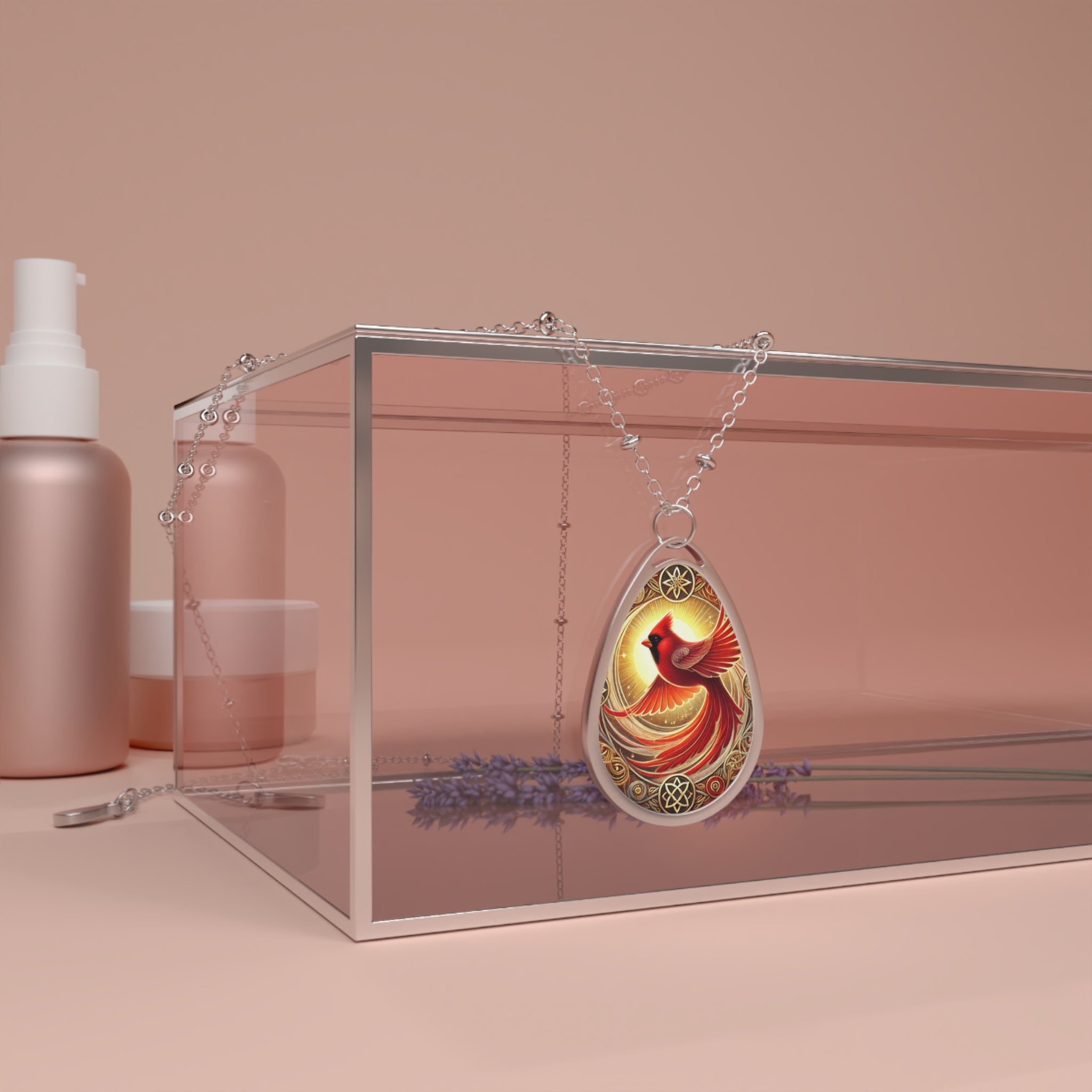 A striking teardrop pendant featuring an intricate illustration of a red cardinal in flight, set against a radiant golden sun with ornate gold detailing. The necklace drapes over a glass box, surrounded by soft pink-toned cosmetic bottles and lavender sprigs, enhancing the delicate elegance of the jewelry.