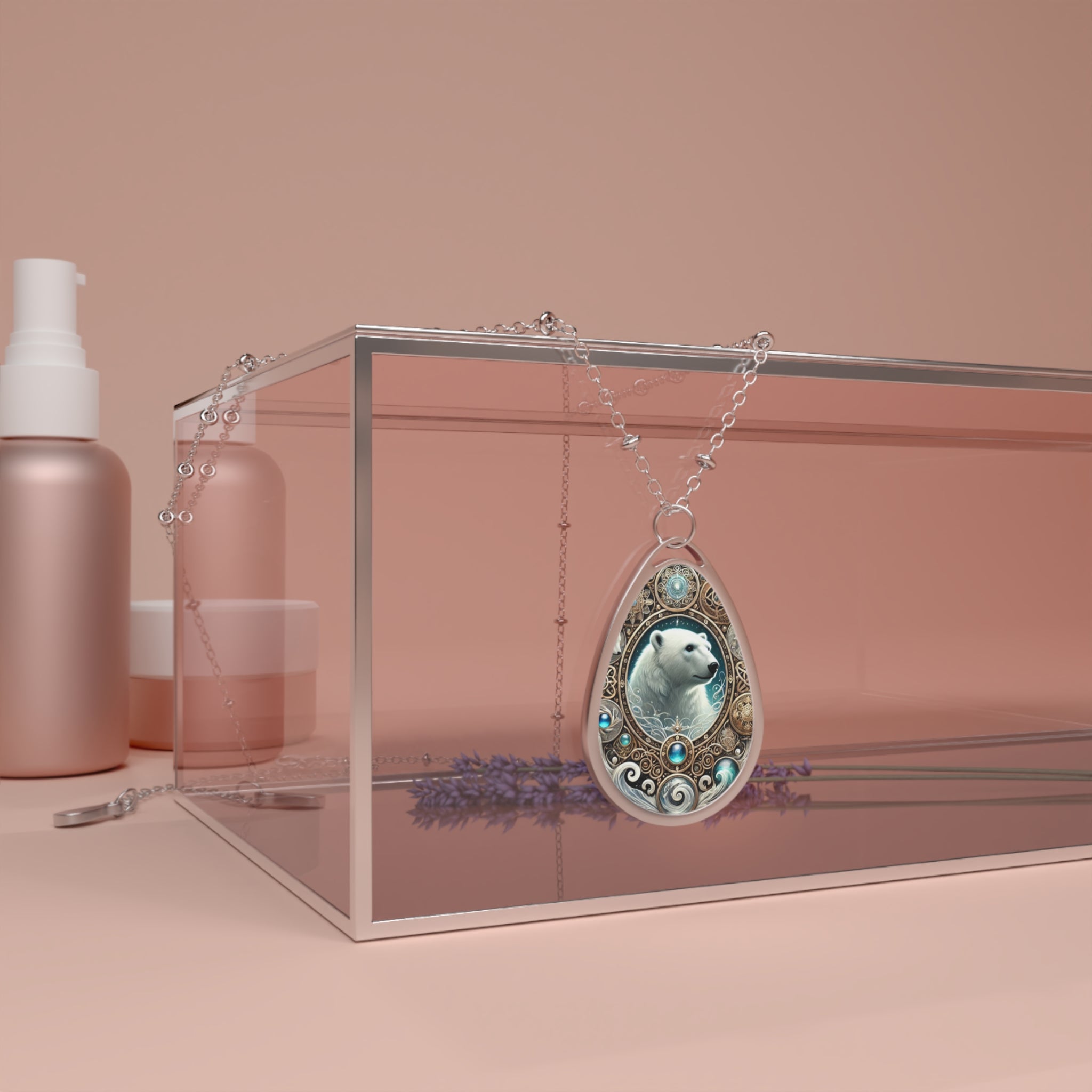 The Polar Bear Necklace draped over a glass jewelry box with a soft pink aesthetic. The pendant, adorned with ice-blue gemstones and intricate engravings, captures the essence of the Arctic animal. The composition adds a luxurious and ethereal feel.