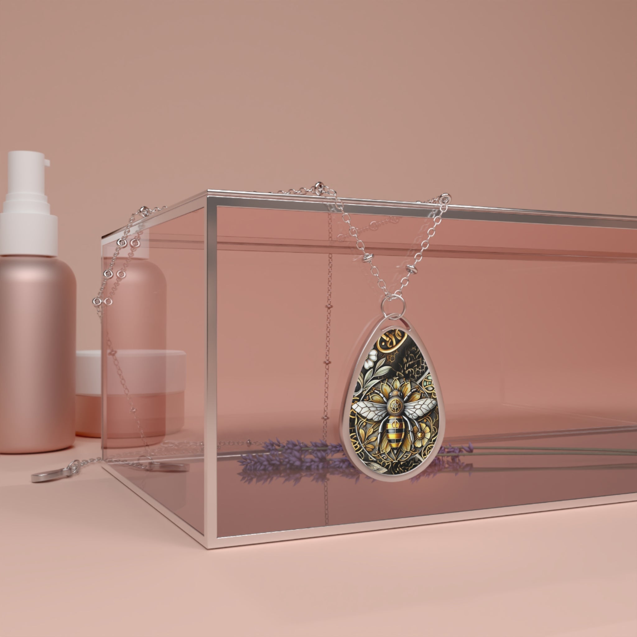 A product display featuring a teardrop-shaped pendant necklace with a bee design, surrounded by gold rings. The image is framed in a modern white Instagram story template with text that reads, "Bee Spirit Animal - Sabiduri Jewelry."