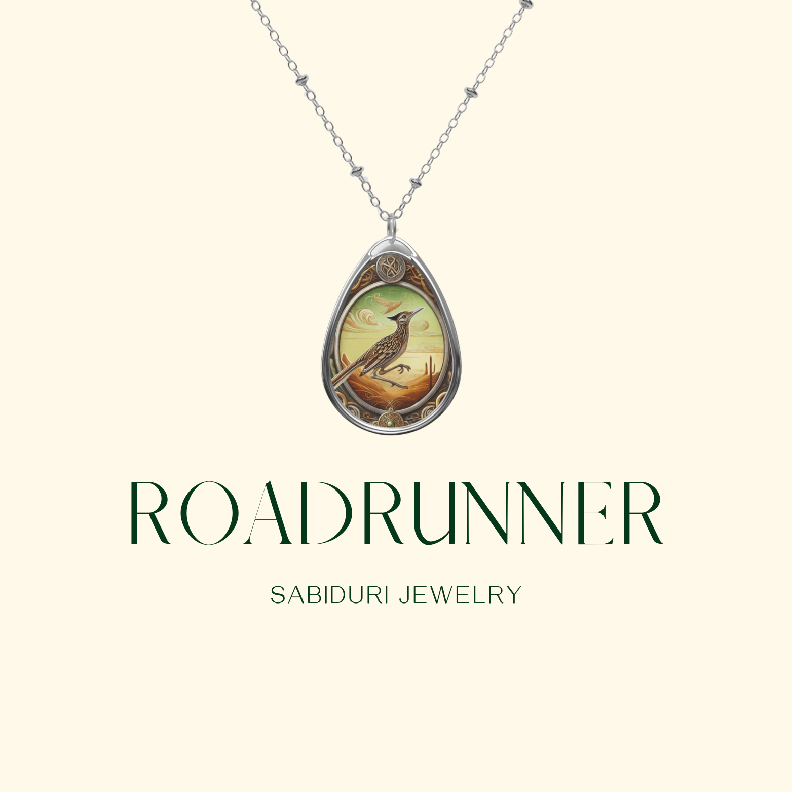 Minimalist product image of a roadrunner spirit animal necklace on a light beige background. The pendant features a beautifully designed roadrunner set in a warm desert landscape with ornamental accents.