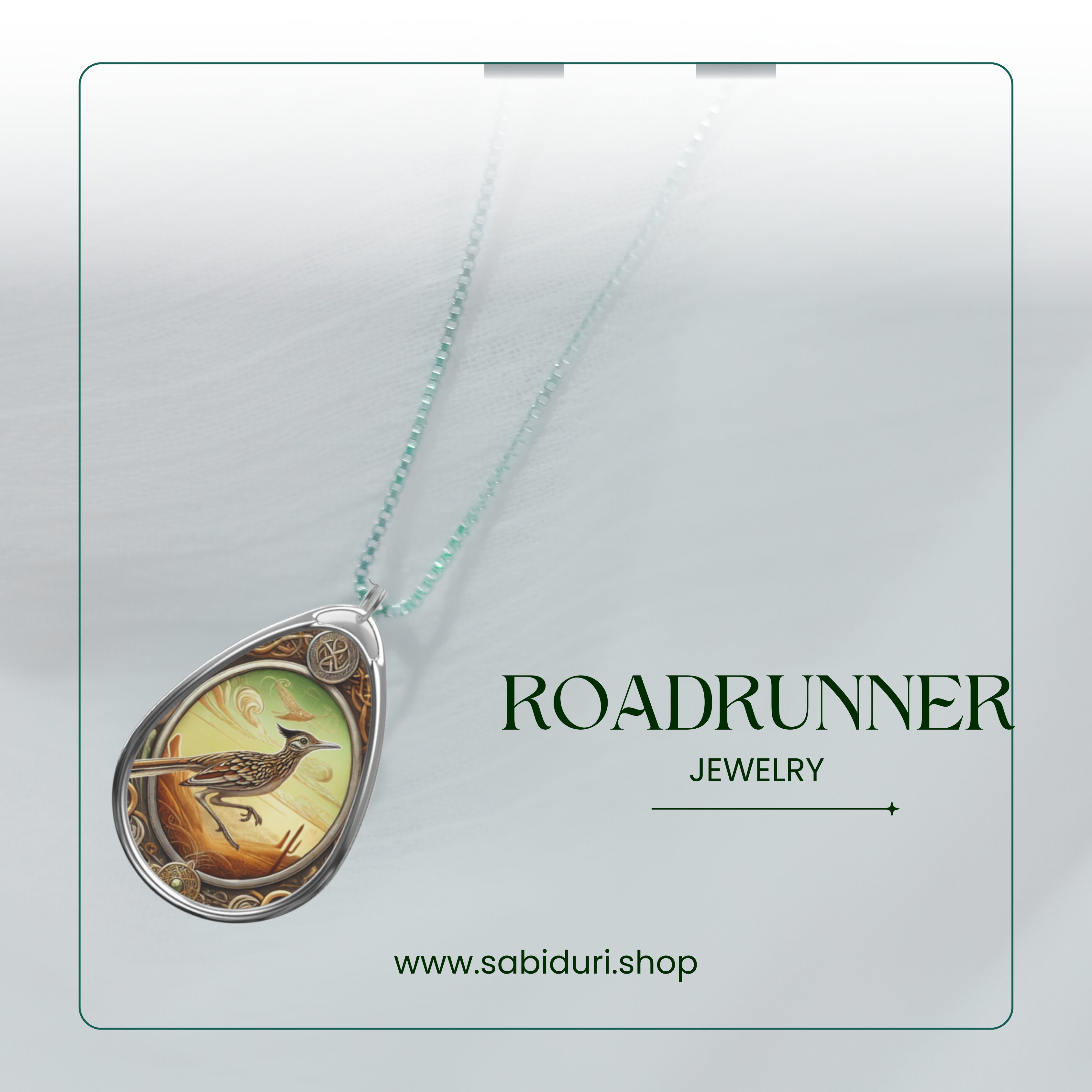 Close-up of a roadrunner spirit animal necklace on a clean, minimalist white background. The pendant showcases a roadrunner in a desert scene, with a sunlit sky and subtle Celtic-inspired embellishments.