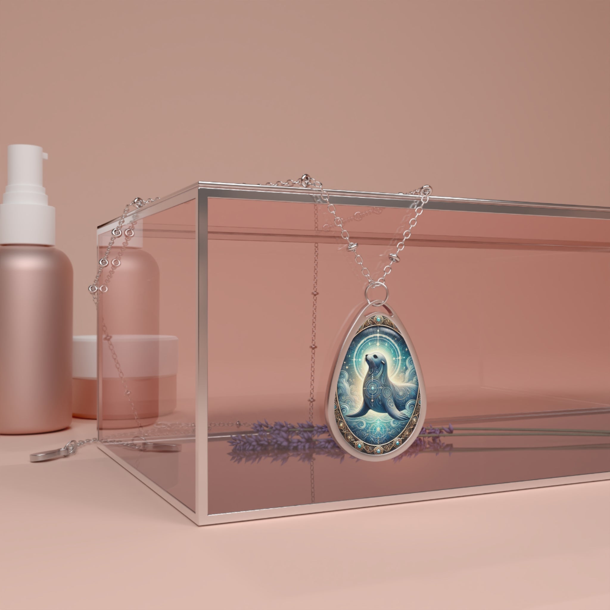 A close-up of a seal pendant necklace draped over a transparent jewelry box, surrounded by soft pink and lavender tones. The pendant has an intricate seal design with glowing blue and gold accents, capturing a celestial, mystical aesthetic.