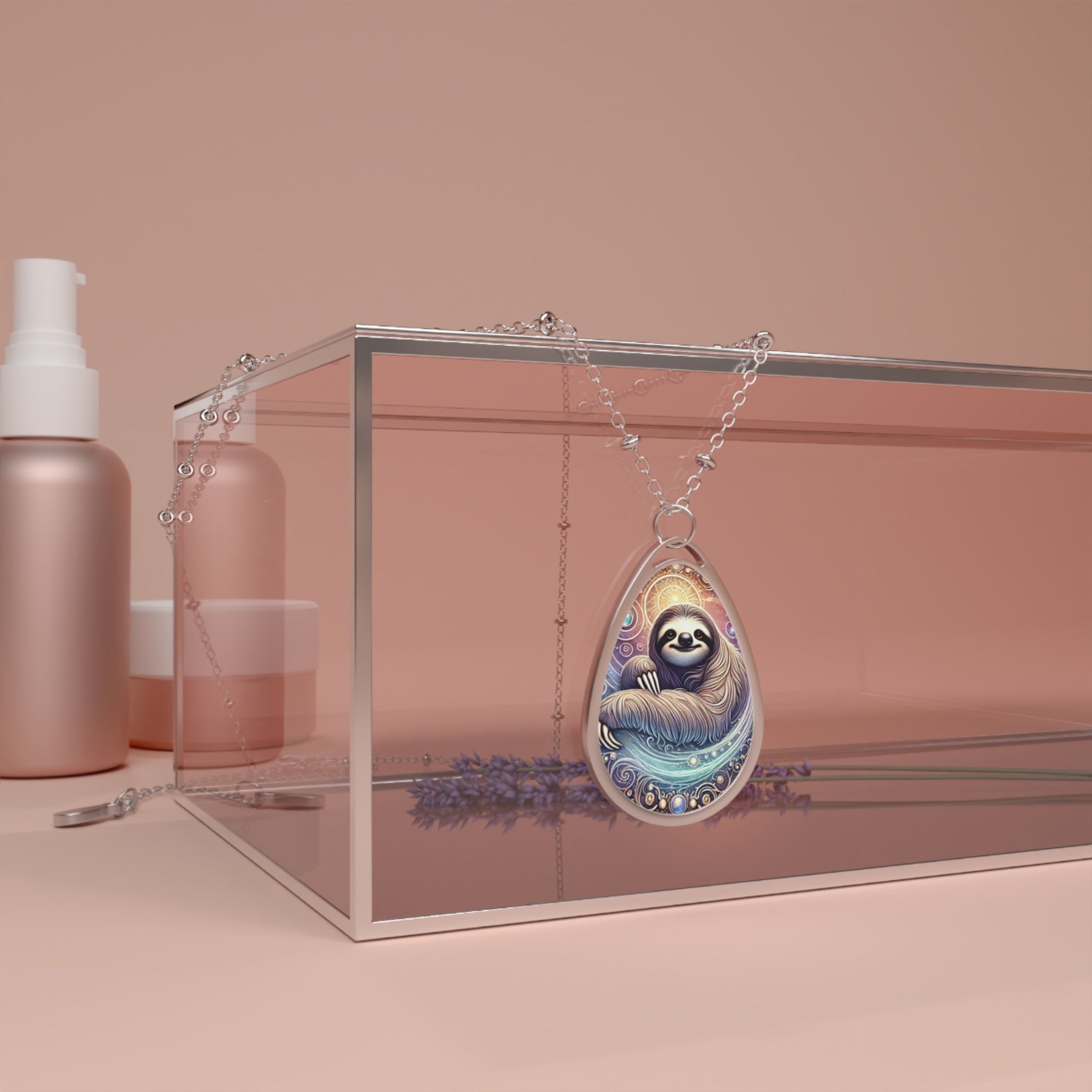 A silver necklace with a sloth pendant draped over a modern glass jewelry box. The scene includes beauty products and a lavender sprig in the background, enhancing the luxurious feel.