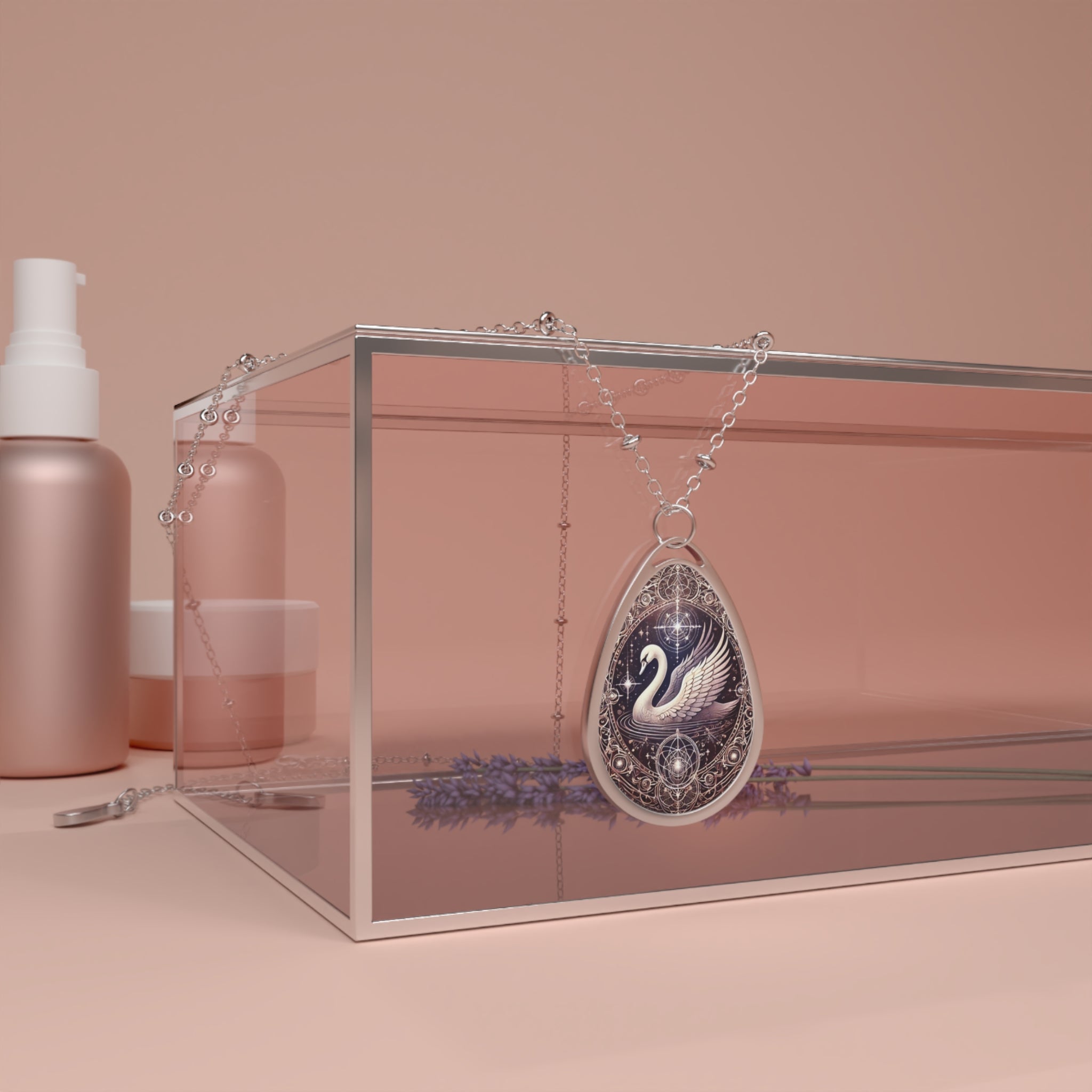 The swan pendant necklace elegantly draped over a transparent glass jewelry box, surrounded by soft, pink-toned skincare bottles and dried lavender. The pendant features an ornate white swan with celestial detailing in an elegant, mystical design.