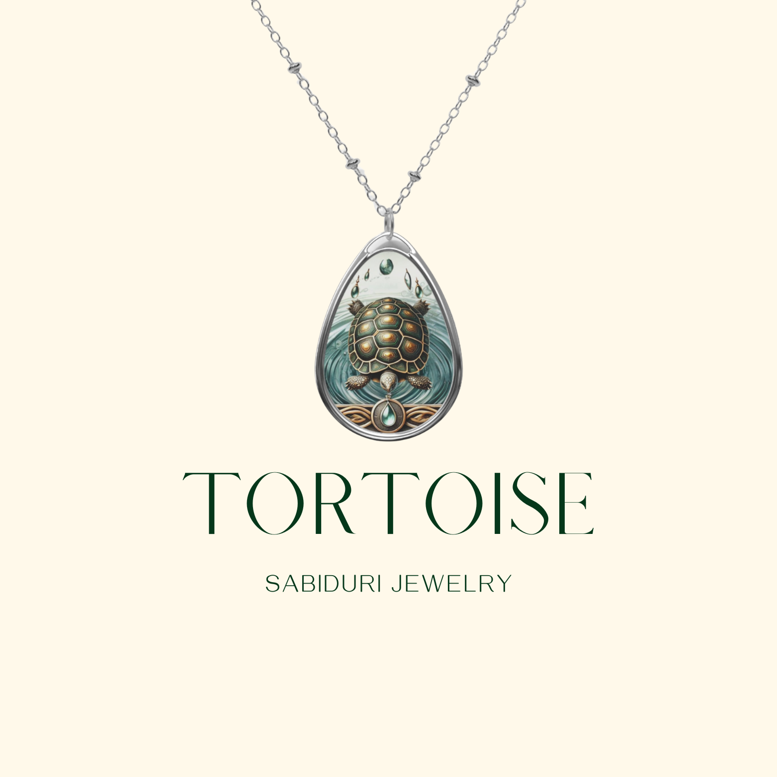 A product showcase of a tortoise spirit animal necklace, with a focus on the intricately designed tortoise pendant. The text "TORTOISE" and "SABIDURI JEWELRY" is prominently displayed below the necklace.