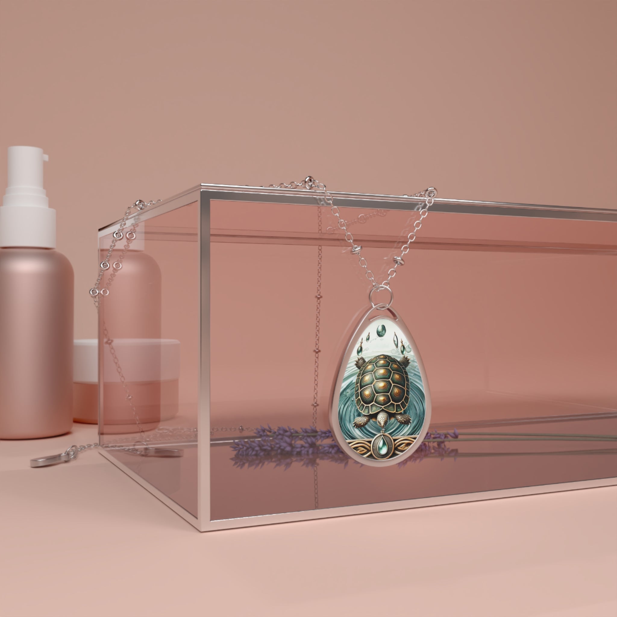 A tortoise spirit animal necklace with a detailed, colorful tortoise design, displayed against a glass box with rose gold-toned skincare bottles in the background, adding a luxurious and serene vibe.