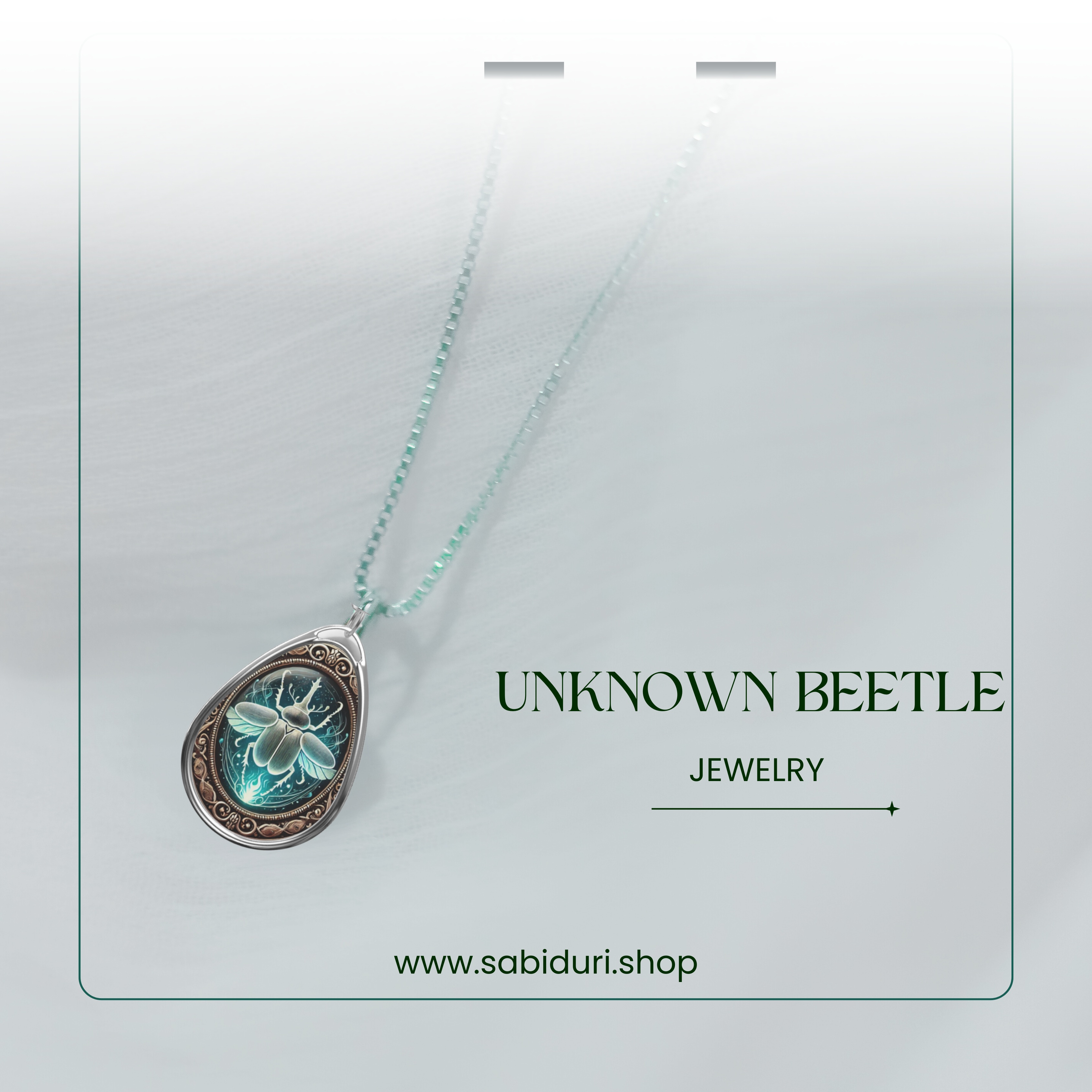 A close-up of the unknown beetle pendant necklace, suspended on a light-colored background with a subtle green gradient. The pendant features a celestial unknown beetle design with intricate gold and star details. The text "UNKNOWN BEETLE JEWELRY" and "www.sabiduri.shop" is placed stylishly in the layout.