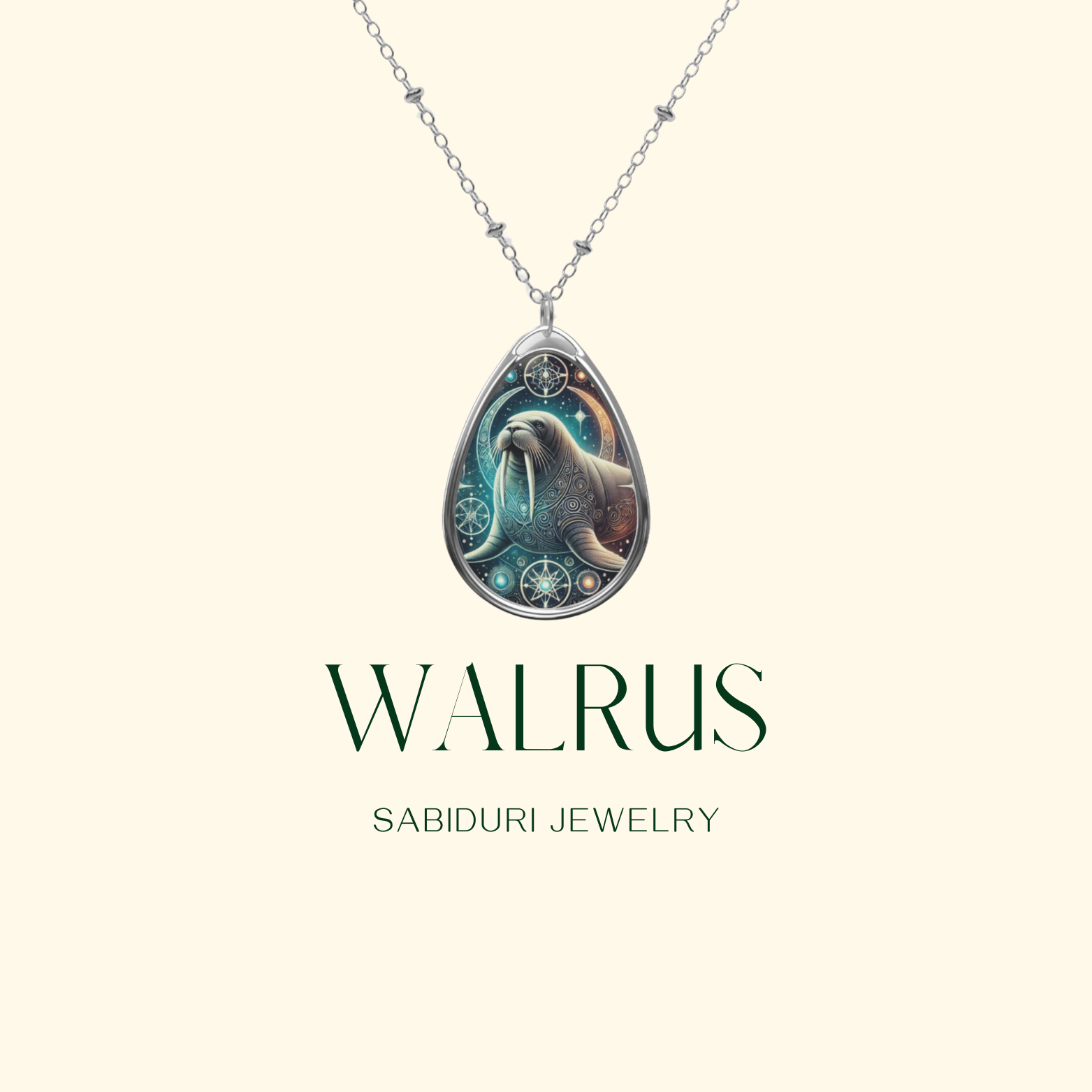 A close-up of the walrus necklace suspended on a delicate silver chain against a minimalist cream background. The pendant features an ornate walrus illustration with starry and swirling details, accompanied by the text 'WALRUS - SABIDURI JEWELRY'.