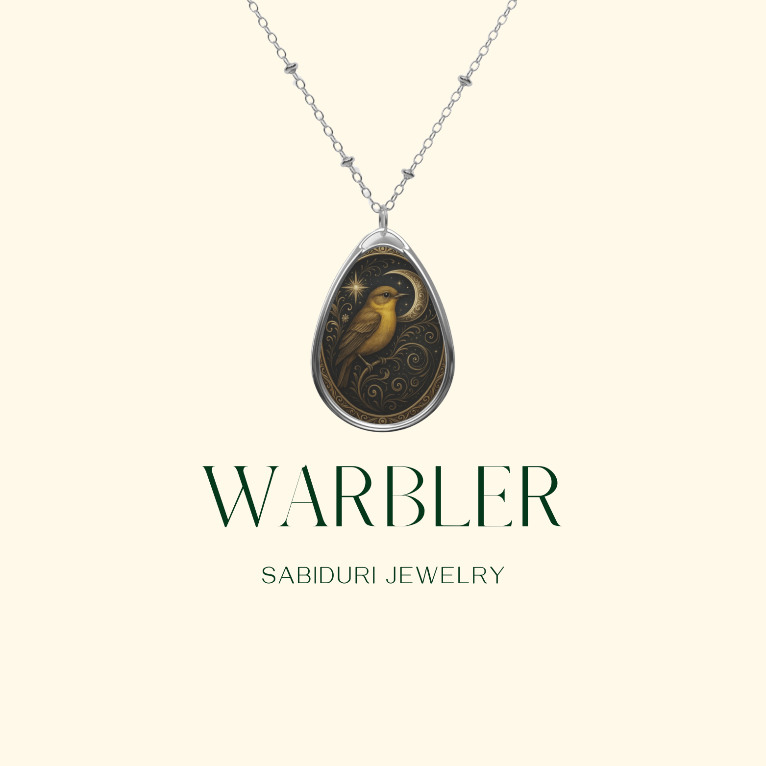 Minimalist product shot of a Warbler necklace centered against a cream background, emphasizing the intricate bird and moon illustration. The design speaks to the Warbler spiritual meaning and symbolic significance—hope, song, and personal awakening.