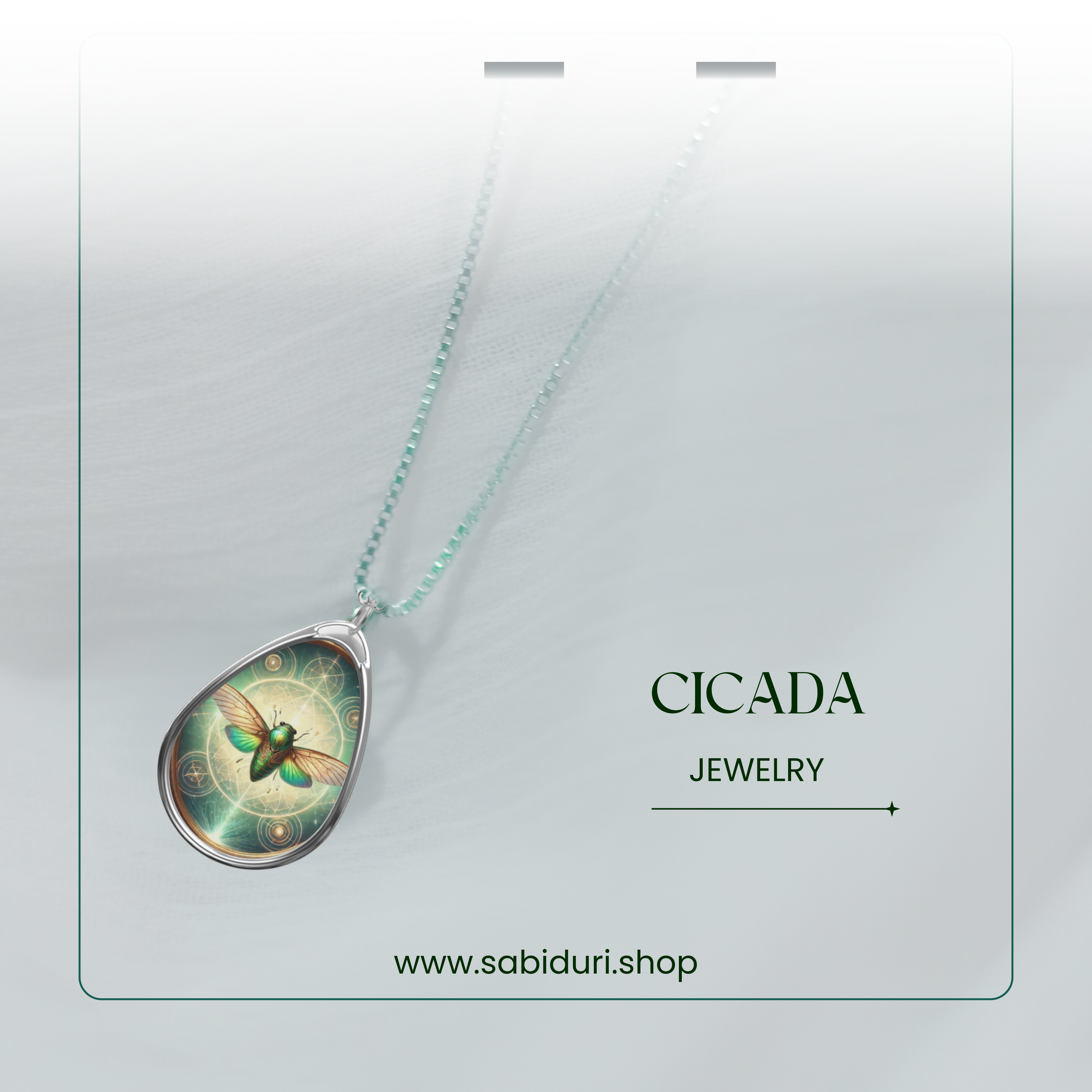 Promotional image with a cicada-themed pendant on a delicate silver chain, shown on a soft white fabric, with the text "Cicada Jewelry" and website "www.sabiduri.shop".
