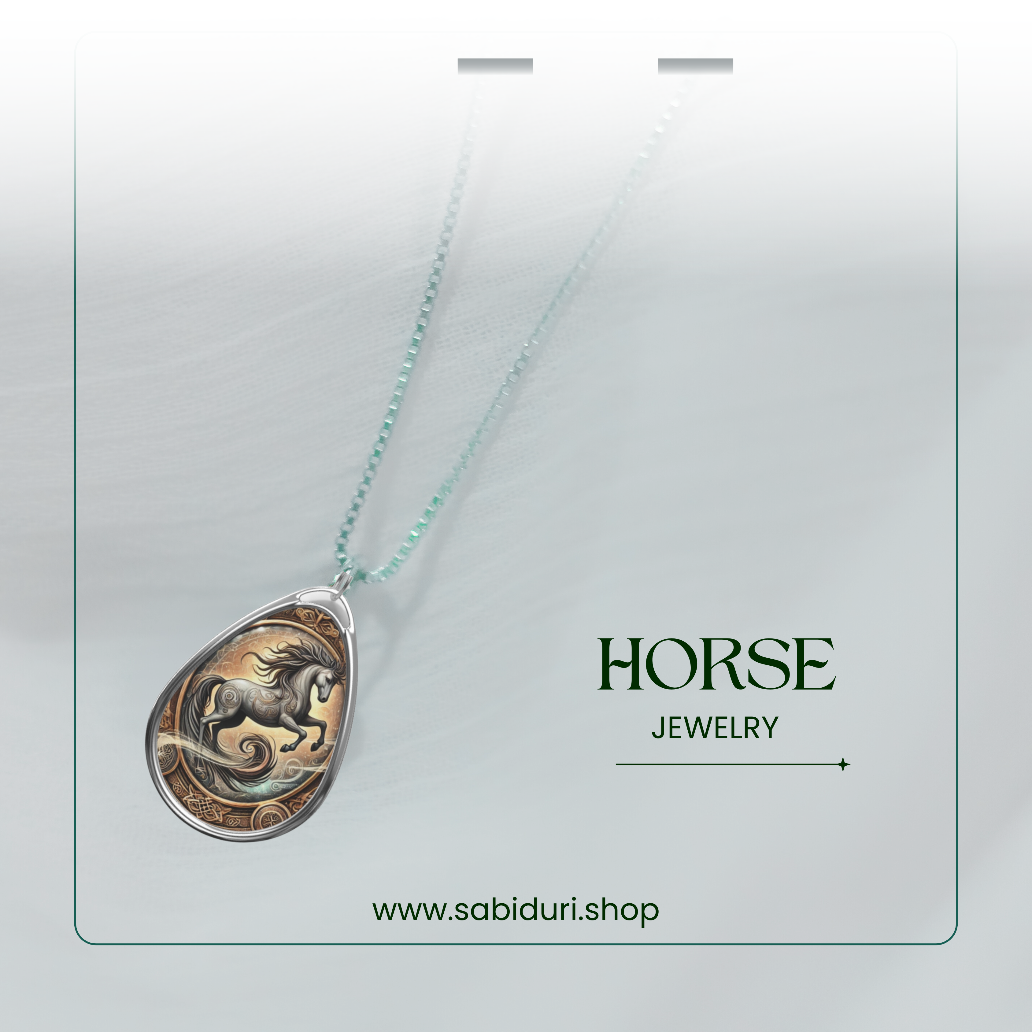 A close-up of the horse pendant displayed against a soft, airy background, with its chain extending out of focus. The words "HORSE JEWELRY" and "www.sabiduri.shop" are placed in the bottom section.