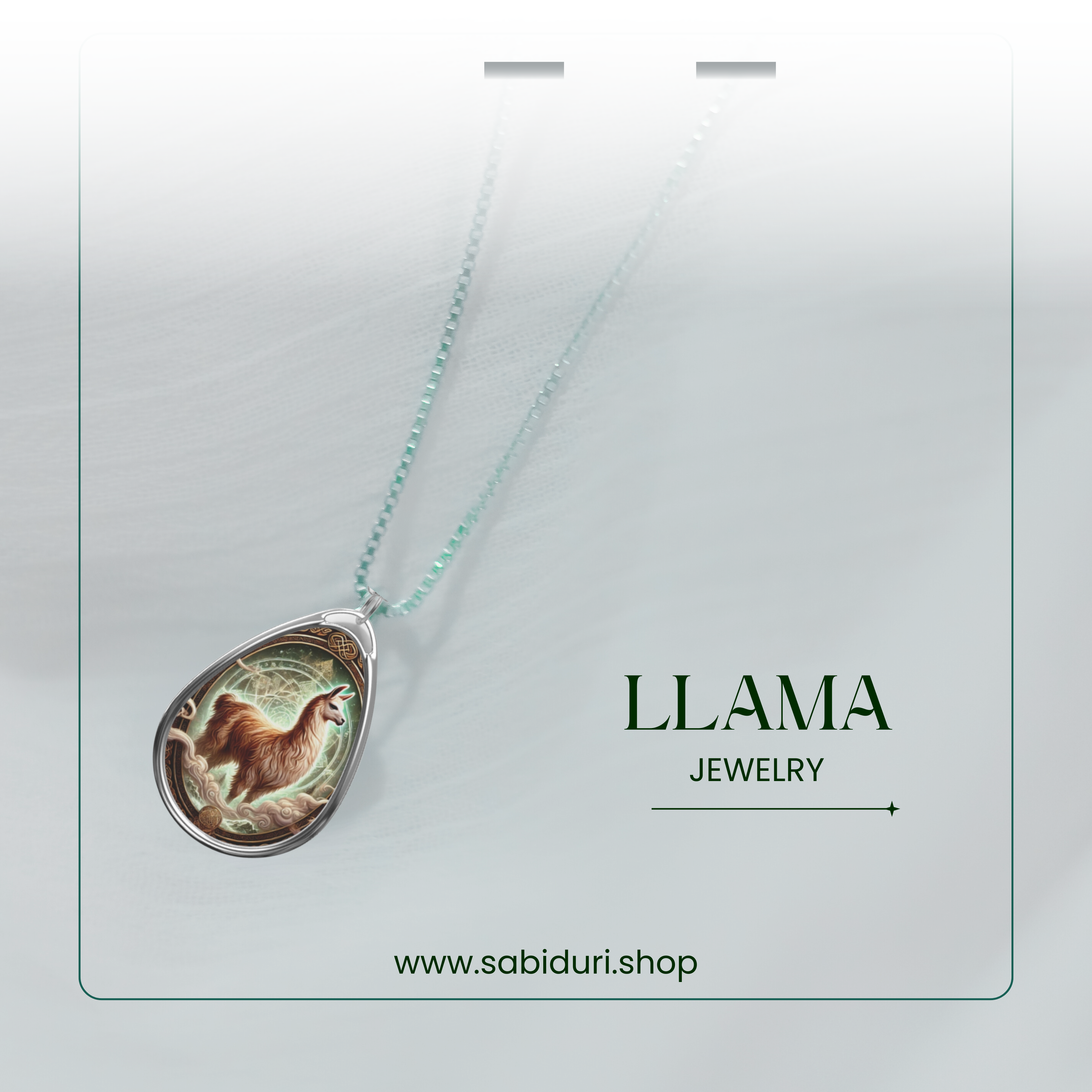 The Llama spirit animal necklace displayed in a modern, ethereal setting. The pendant's silver frame encases a vibrant illustration of a llama exuding wisdom and strength, with celestial elements enhancing its spiritual symbolism. The text reads "LLAMA JEWELRY" and the website "www.sabiduri.shop."
