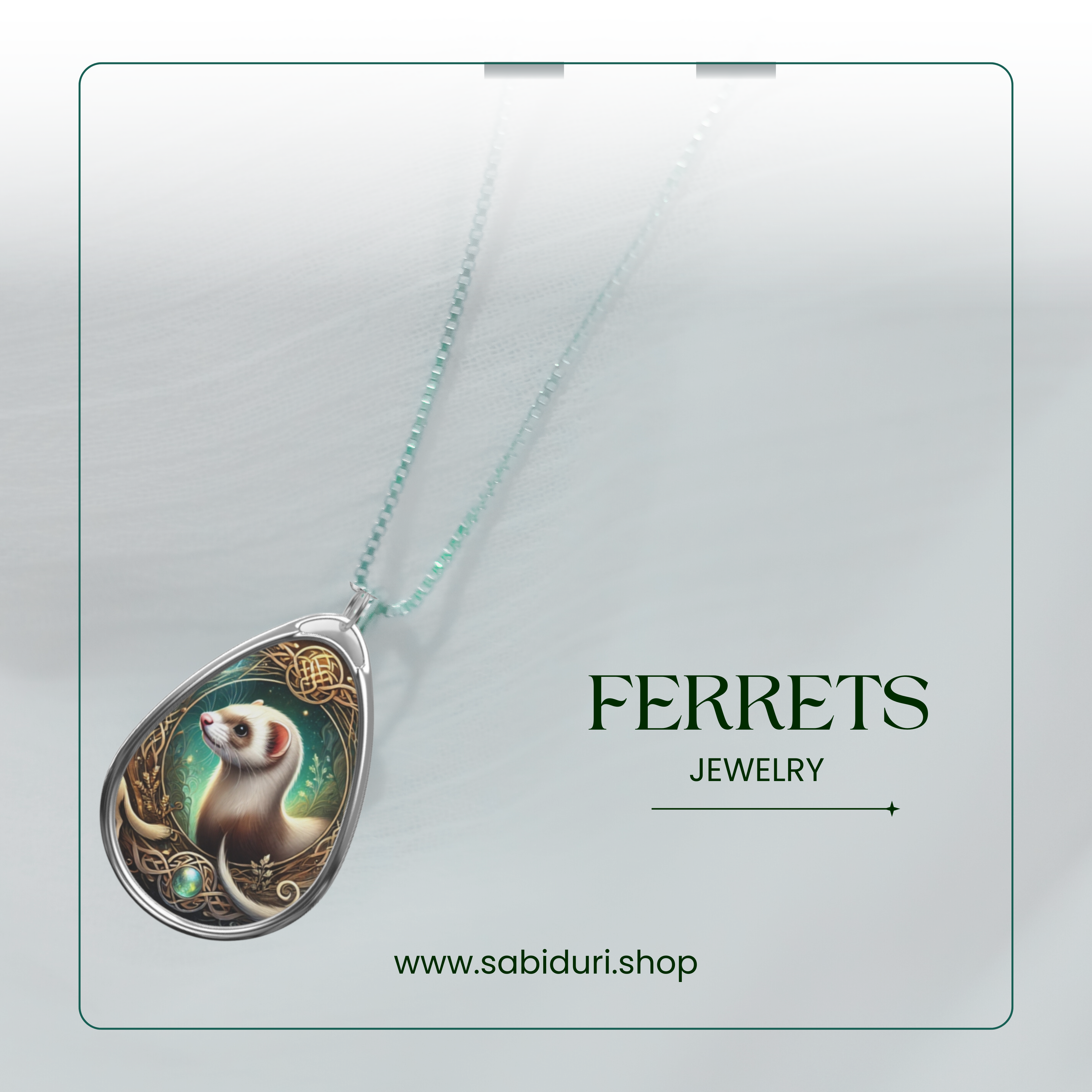 Close-up of a ferret spirit animal necklace with Celtic-inspired gold accents, emerald hues, and a detailed ferret illustration displayed against a minimalist white background.