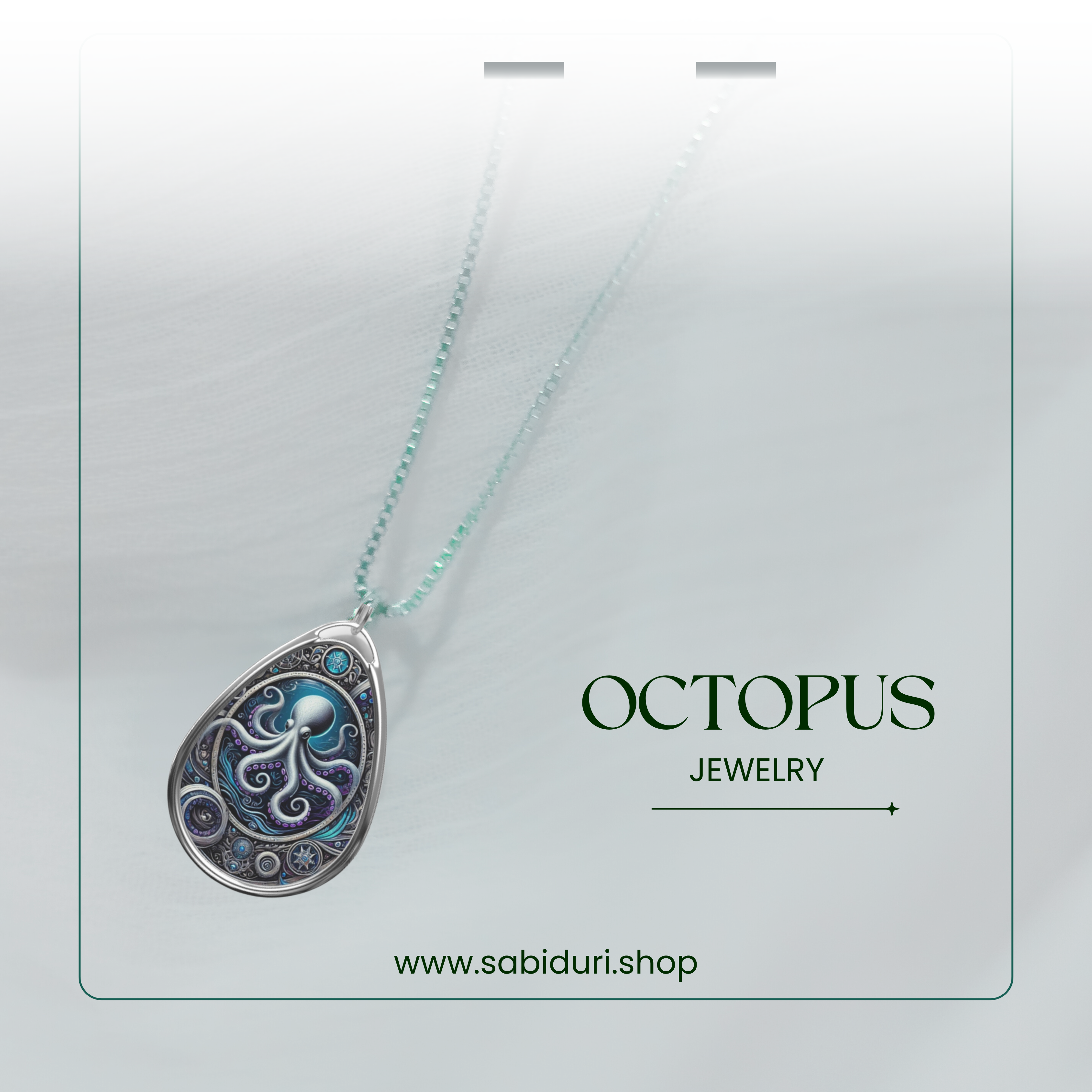 The octopus pendant necklace is elegantly presented against a soft, gradient background, with "OCTOPUS JEWELRY" and the website "www.sabiduri.shop" displayed in the lower portion. The chain appears to be a mix of silver and light blue, complementing the pendant’s ocean-inspired colors.