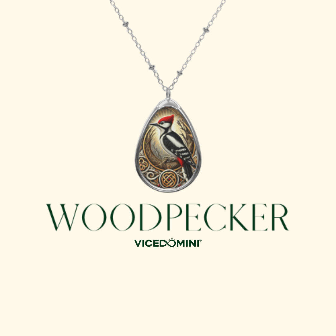 A silver teardrop pendant necklace featuring an illustrated woodpecker with a red crest and ornate gold-toned scrollwork, shown on a light cream background with the text 'WOODPECKER' and 'VICEDOMINI' below.