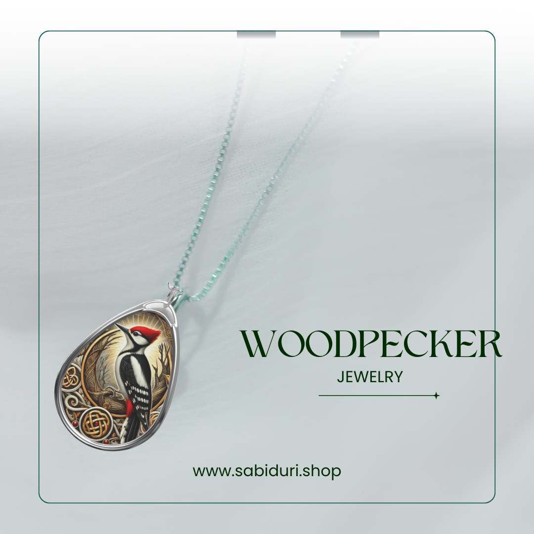 A silver woodpecker pendant necklace displayed on a soft white background. The pendant features a woodpecker with its distinctive red crest and intricate detailing, surrounded by a nature-inspired decorative border. The text reads "WOODPECKER Jewelry" along with the website "www.sabiduri.shop.