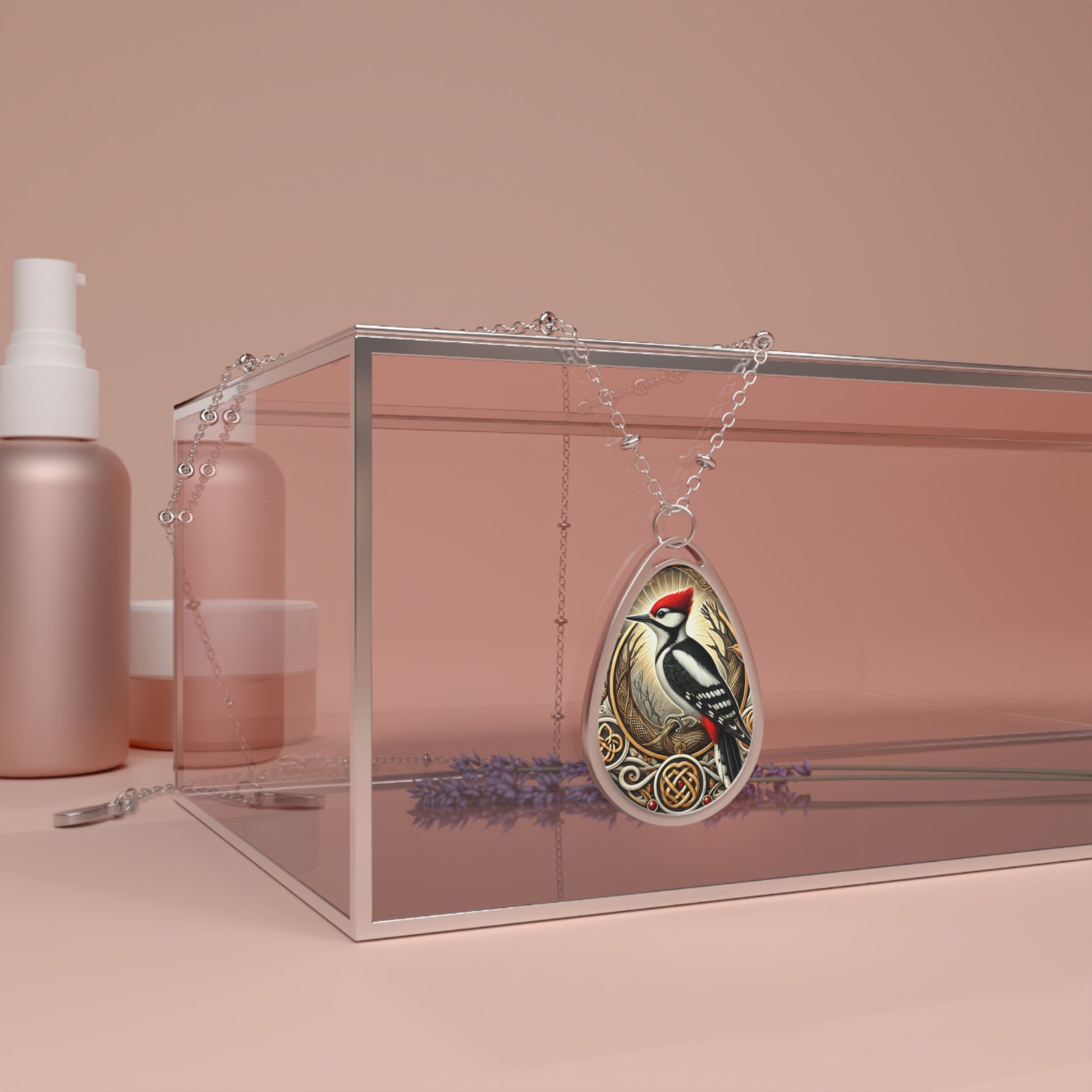 A silver necklace with a woodpecker pendant draped over a clear box with lavender and cosmetic containers, set against a soft pink backdrop. The pendant shows a woodpecker with a bright red head, symbolizing focus and resilience, framed by ornate patterns.