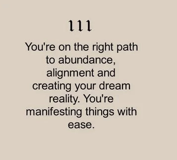 A beige background featuring "111" in bold, followed by the message: "You're on the right path to abundance, alignment, and creating your dream reality. You're manifesting things with ease."