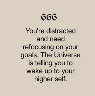 A beige background with "666" in bold, followed by the message: "You're distracted and need refocusing on your goals. The Universe is telling you to wake up to your higher self."