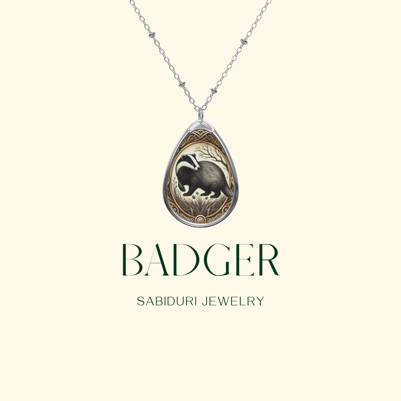 A centered presentation of the beaver necklace against a minimalist cream background. The pendant's intricate artwork features a beaver amid natural elements, with golden filigree adding a touch of elegance.